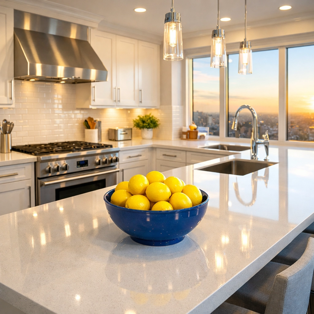 Gleaming white kitchen with spotless quartz countertops after professional apartment cleaning in Leominster MA.