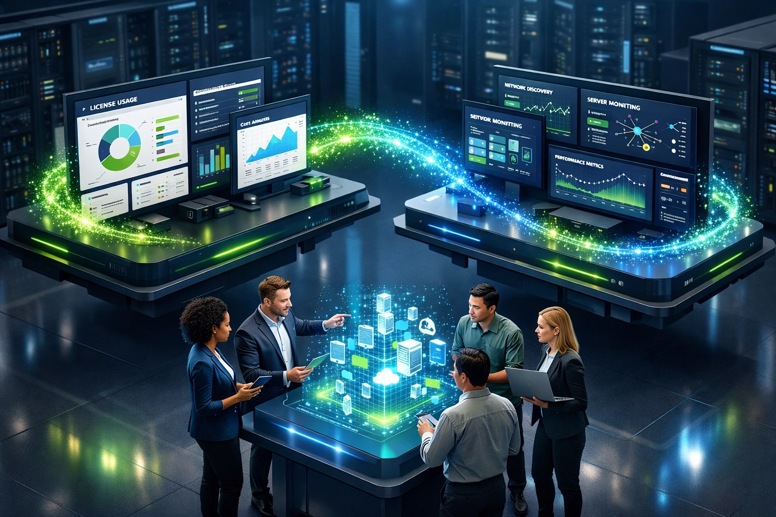 Integrated ServiceNow ITOM and ITAM platforms with IT team managing unified asset data