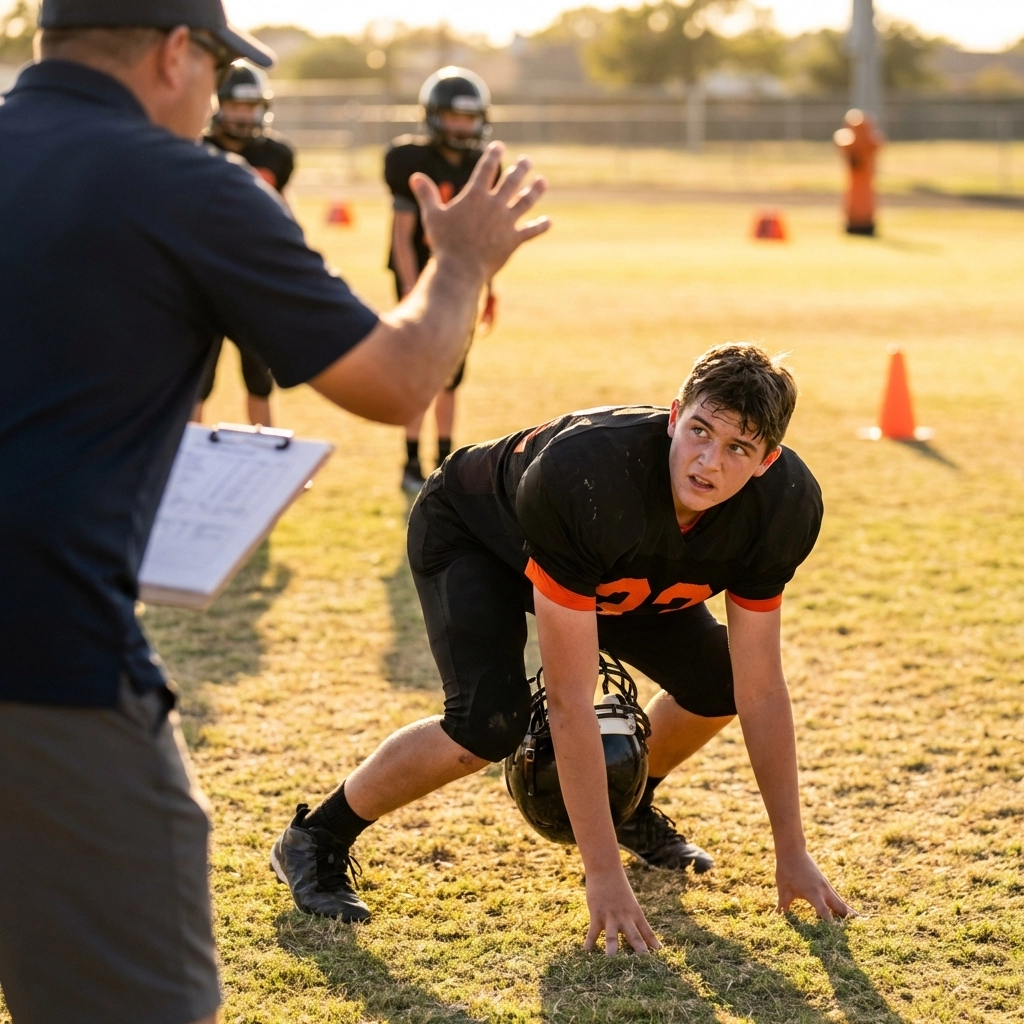 Middle school football player learning from coach on field, demonstrating coachability and focus at showcase