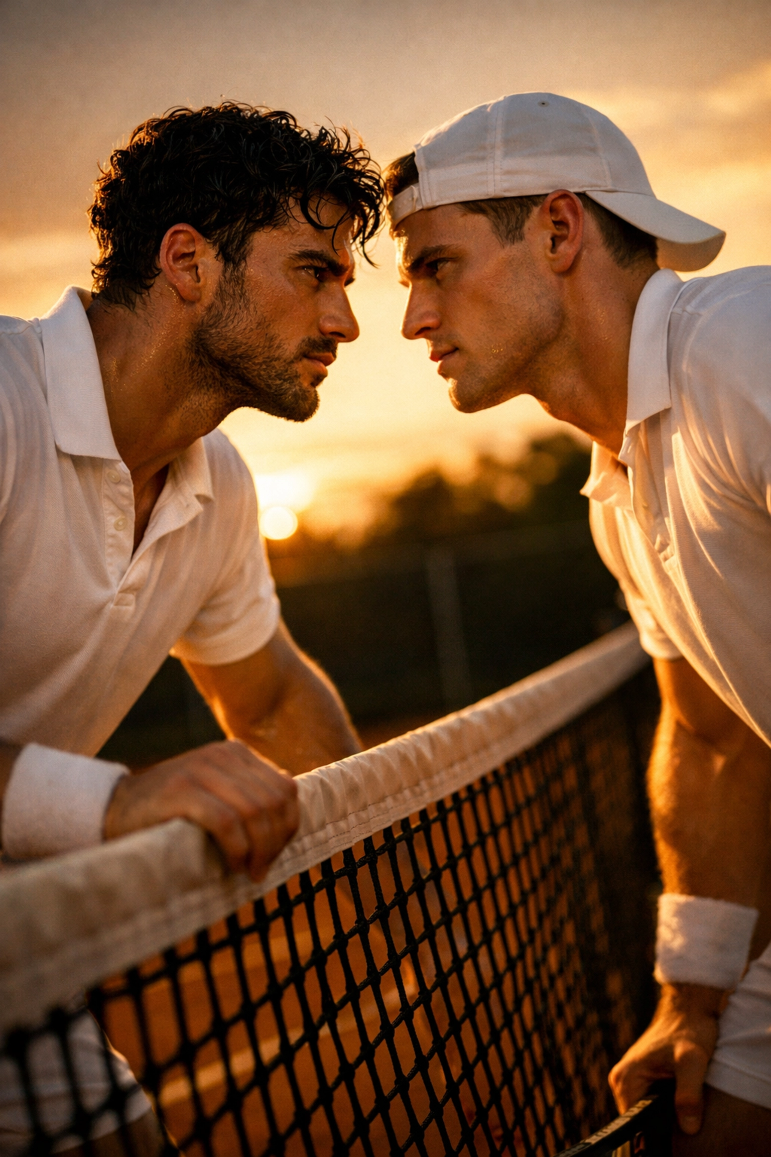 Patrick and Art face off across tennis net in Challengers showcasing gay rivalry tension
