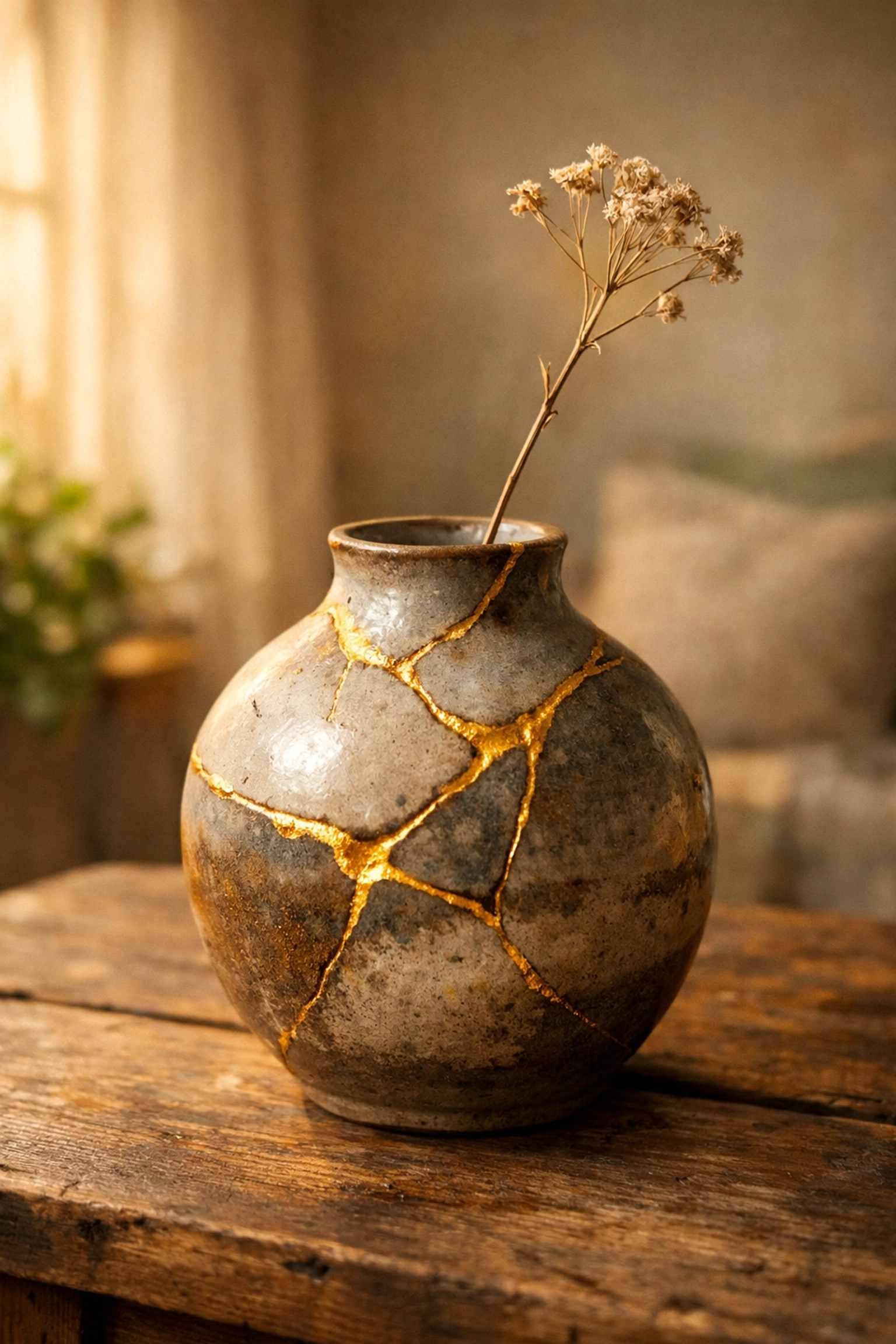 A Kintsugi vase with gold-filled cracks symbolizing the beauty of healing core wounds and personal resilience.