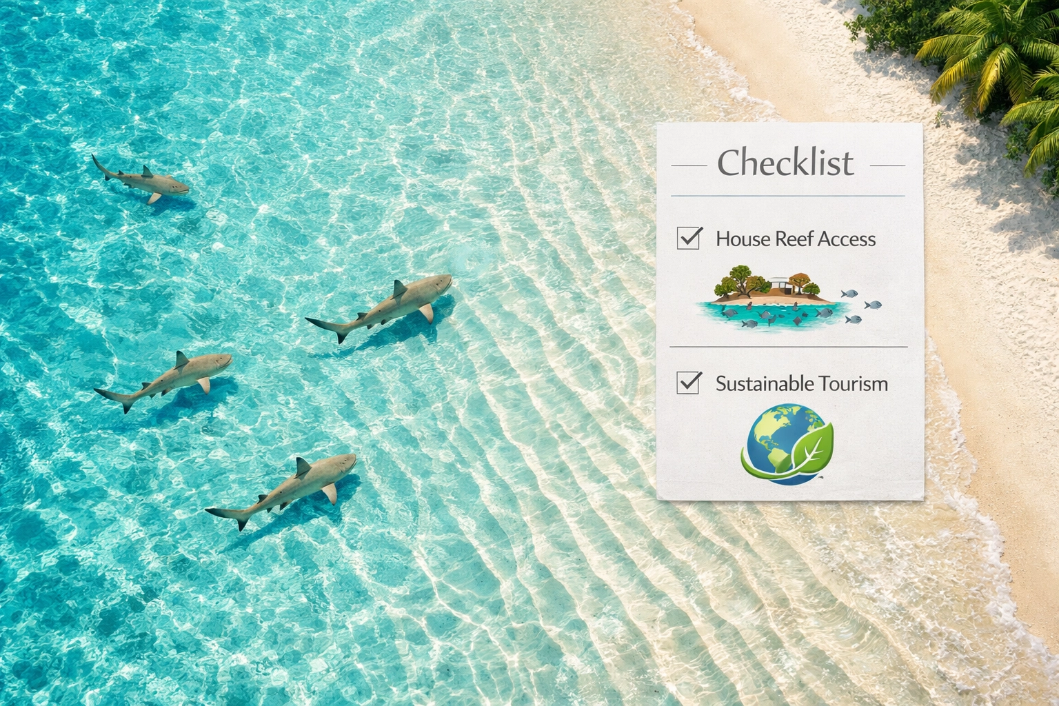 Top-down view of baby reef sharks in a turquoise lagoon highlighting Maldives house reef access.