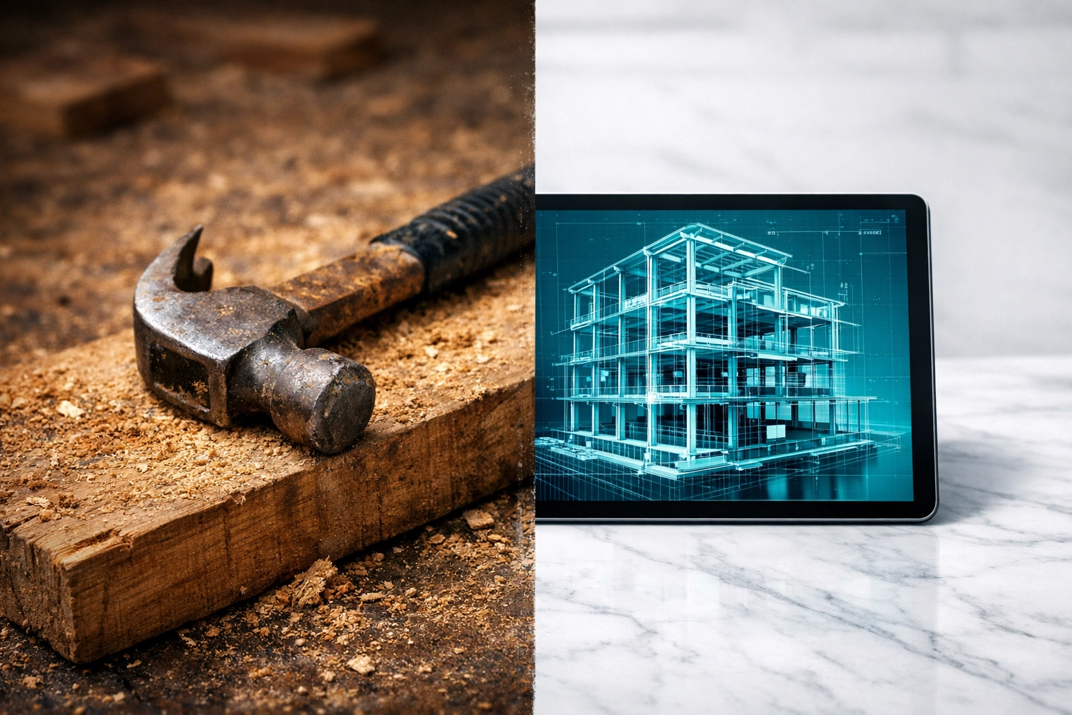 A hammer and a tablet with blueprints illustrating the difference between general and professional liability insurance.