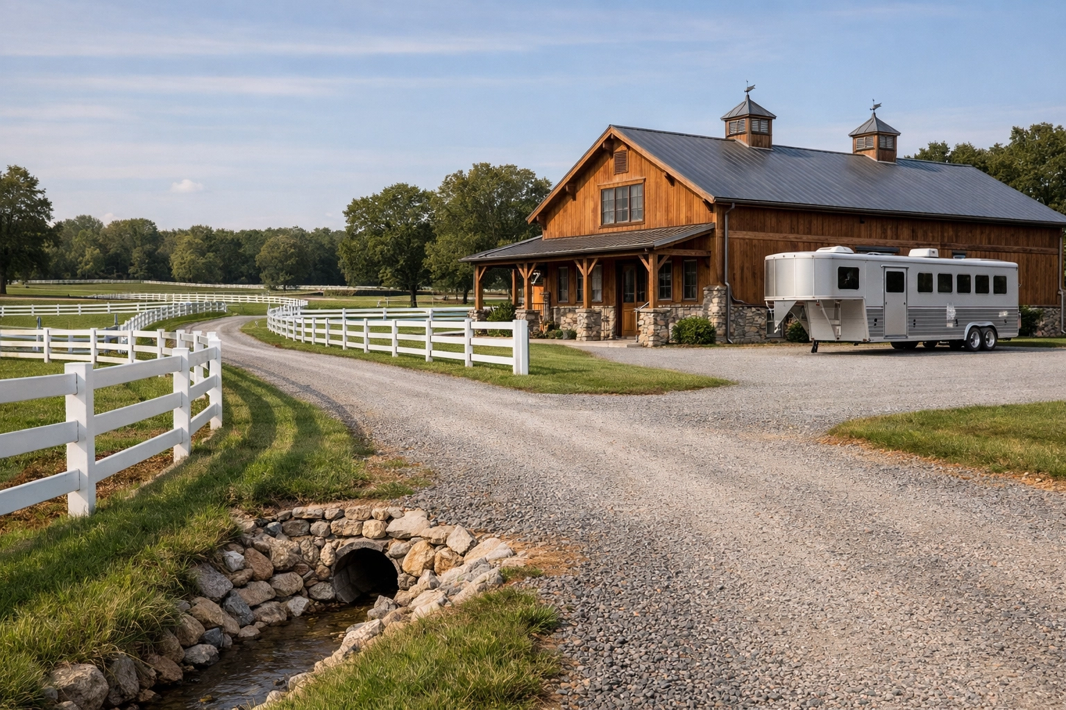 Well-maintained horse farm infrastructure with barn and white fencing in Davidson NC