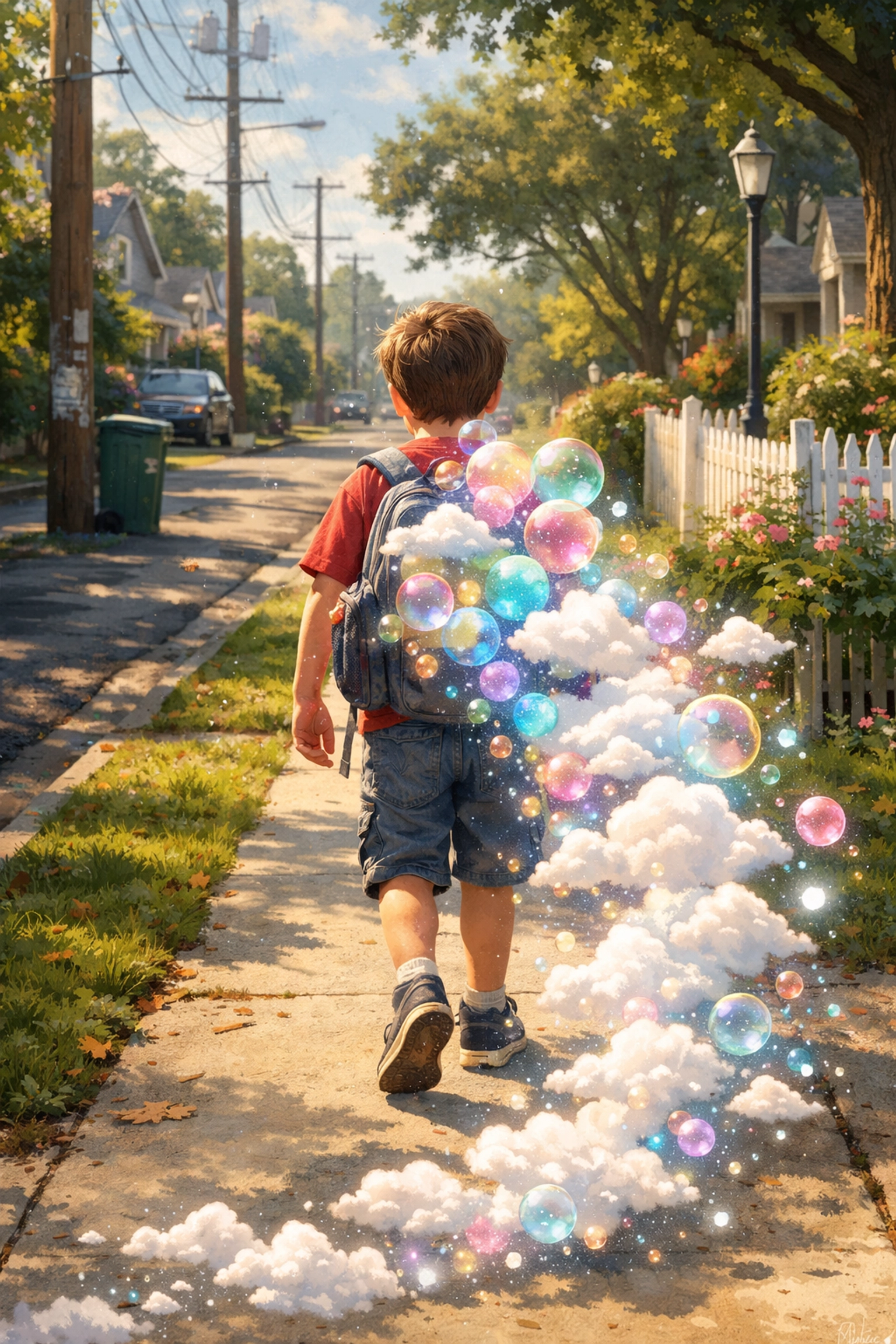 A boy walks through his neighborhood with a magical backpack, perfect for reluctant readers books.