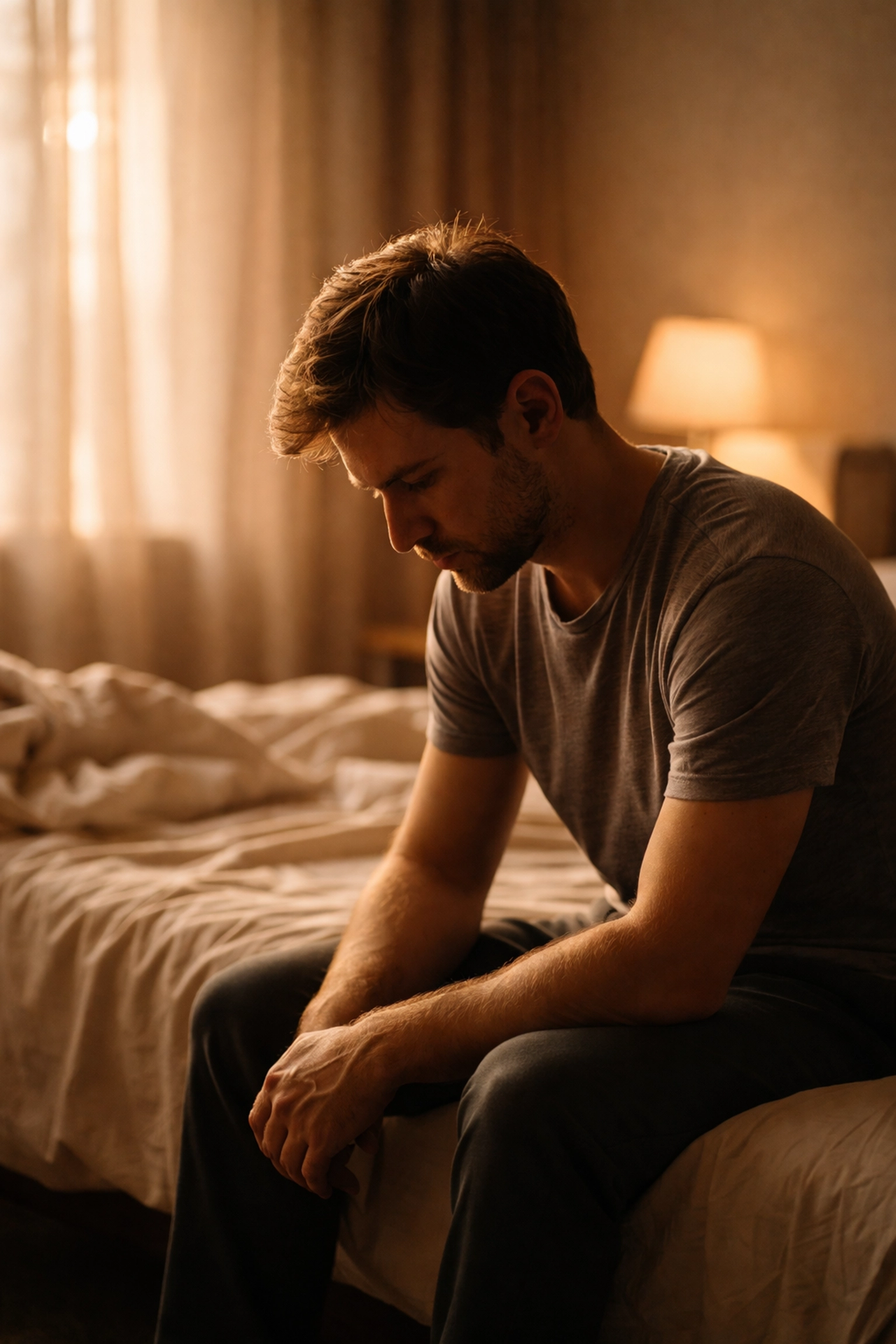 Férfi ül az ágy szélén, gondterhelten a fejét lehajtva, utalva a korai magömlés lelki okaira.