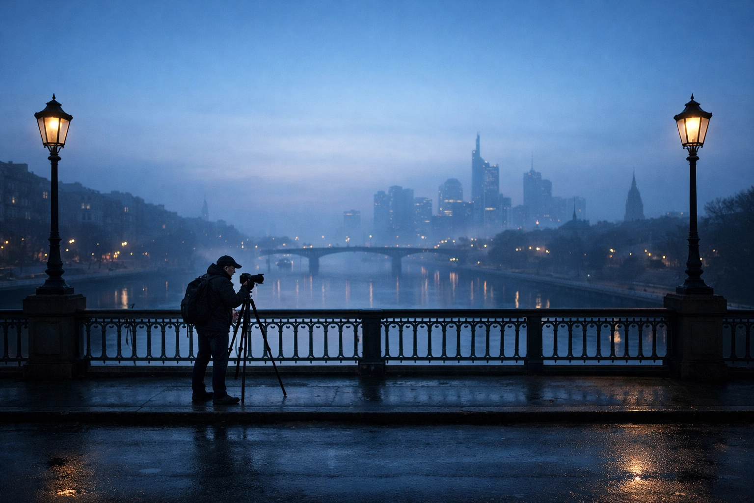 Photographer on a misty bridge at dawn, discovering the best photography locations and hidden gems in the city.