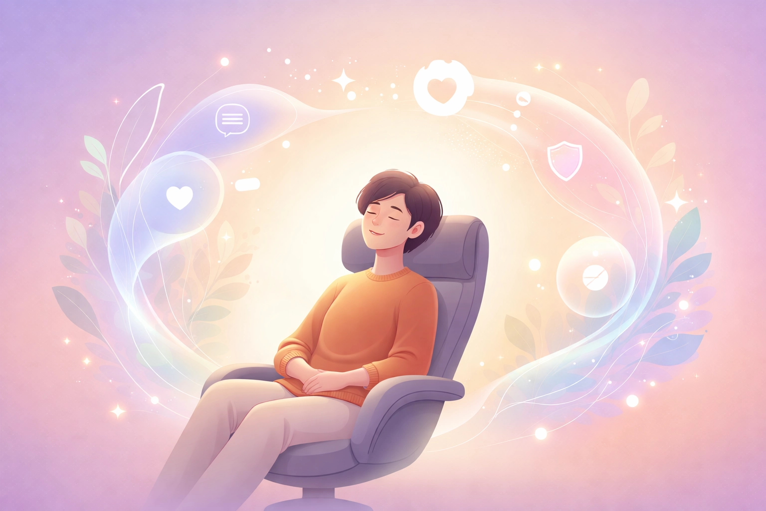 Person at ease surrounded by gentle AI symbols, representing ethical AI supporting mental health and focus.