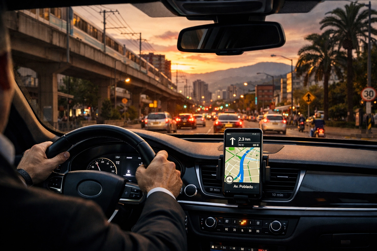 Professional security driver navigating Medellin streets with GPS route monitoring system