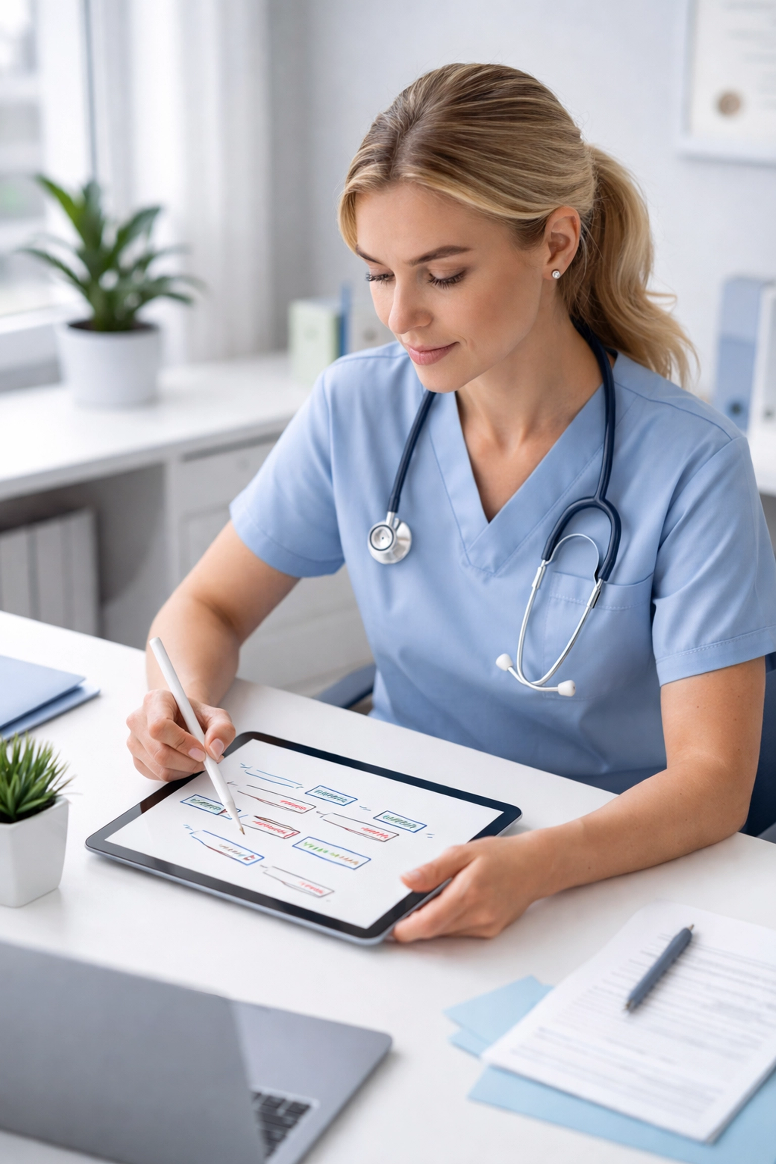 Nurse practitioner planning AI clinical documentation workflow in a modern healthcare office