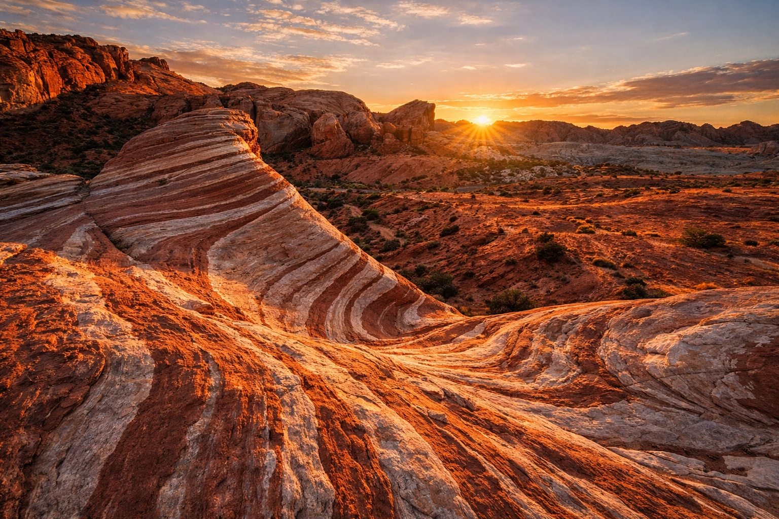 Vibrant Nevada desert sunset at Valley of Fire processed with Luminar Neo for enhanced landscape detail.