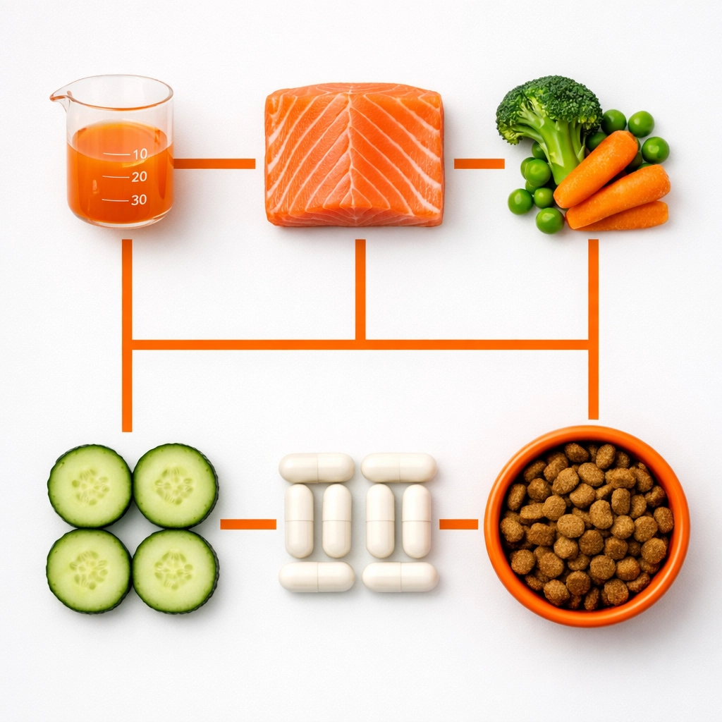 Personalized cat nutrition supplements and fresh ingredients for custom feline diet plan