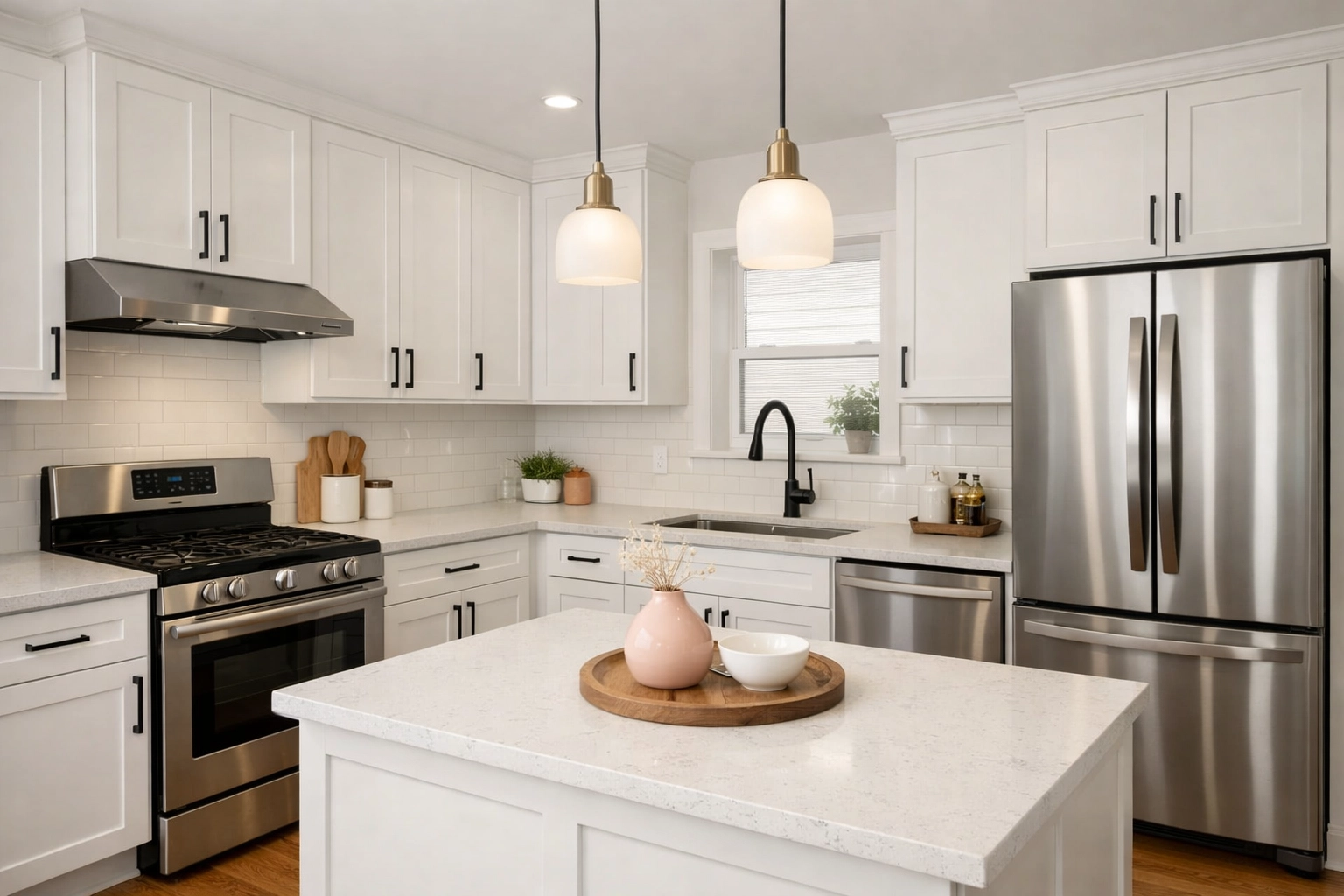 Market-ready renovated kitchen with white shaker cabinets, warm oak floors, and quartz-look counters (AI-generated)