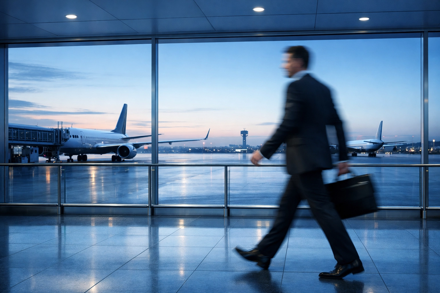 A business professional in an international terminal, highlighting global reach and corporate momentum.