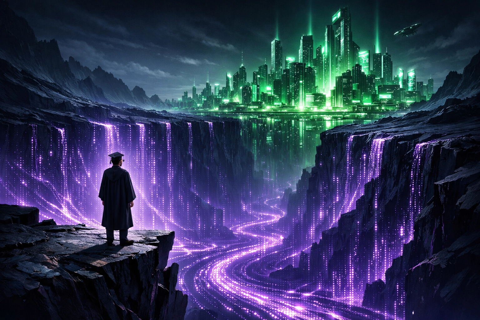 A student looking across a digital void toward a career city, illustrating the campus-to-career gap.