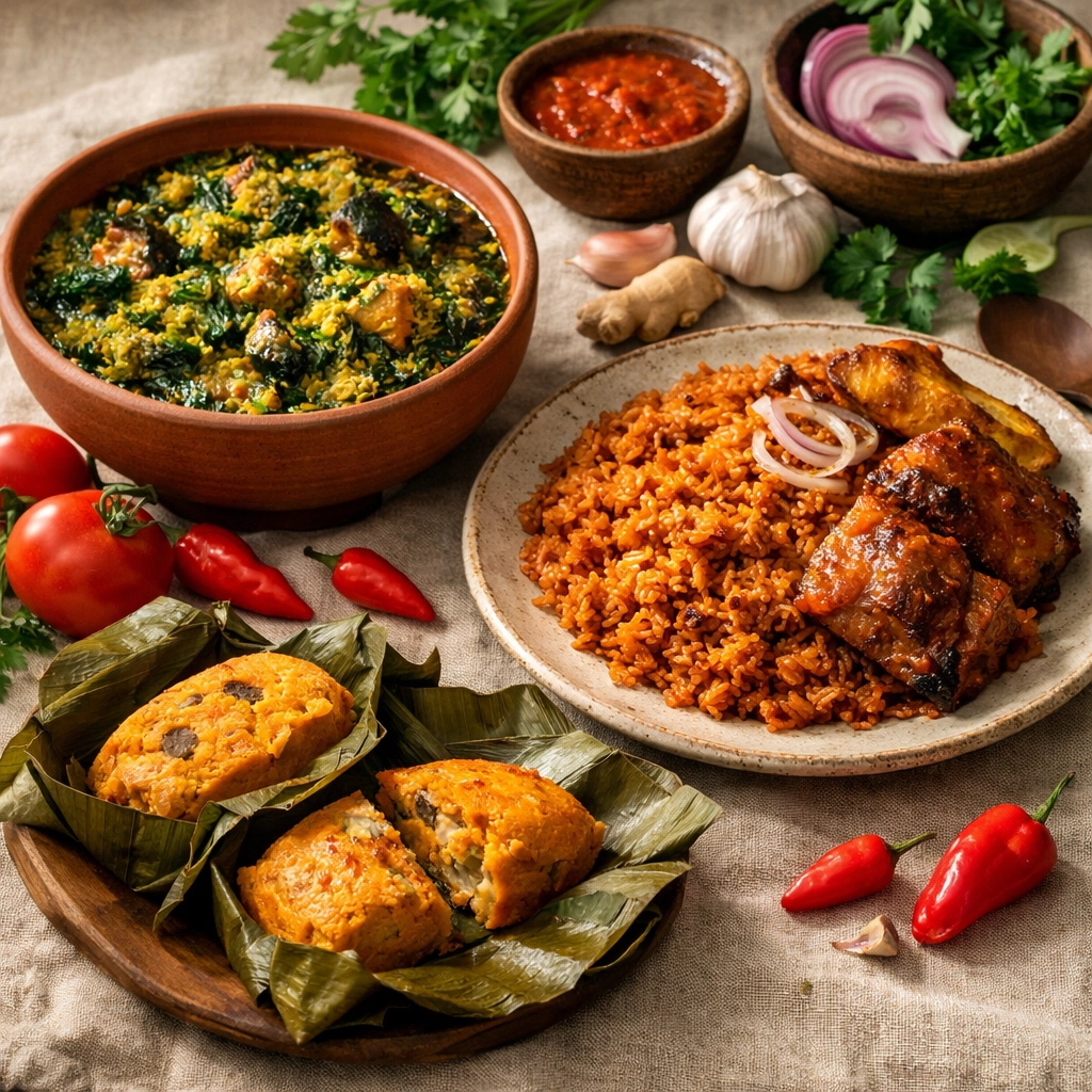 Traditional Nigerian meal featuring egusi soup, jollof rice, and moi moi on natural tablecloth