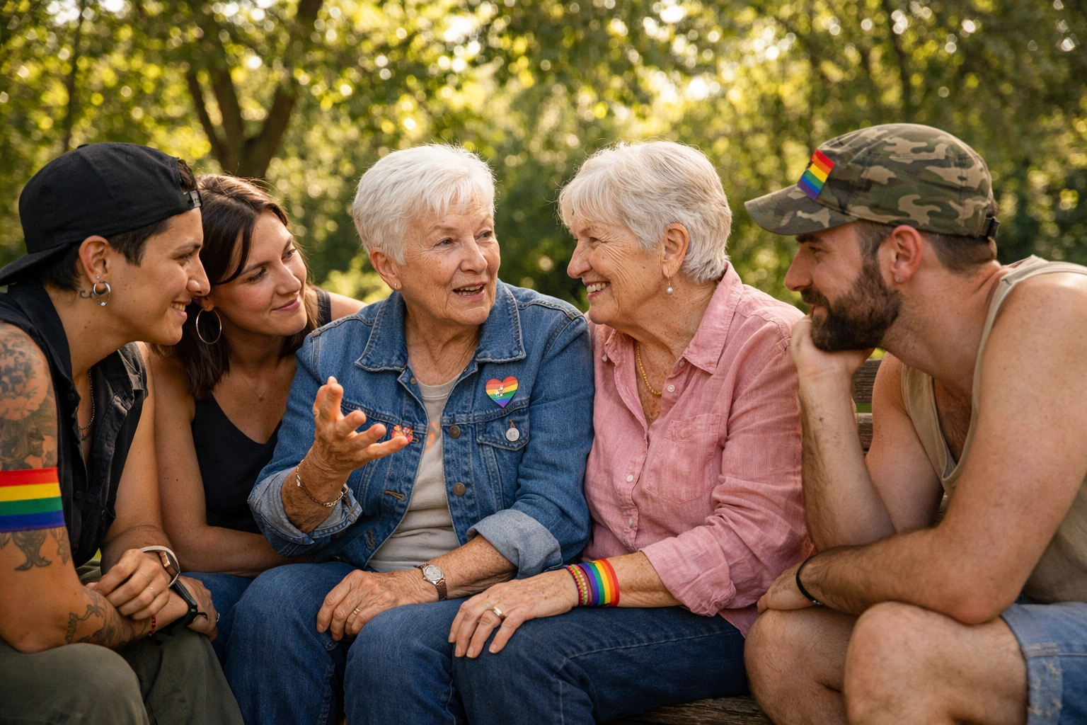 Three generations of LGBTQ+ community members sharing stories and wisdom together