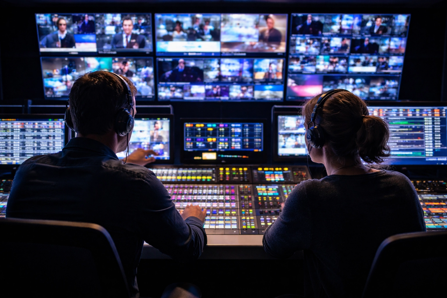 Modern TV production control room with producers and high-definition monitors at Dakdan Worldwide