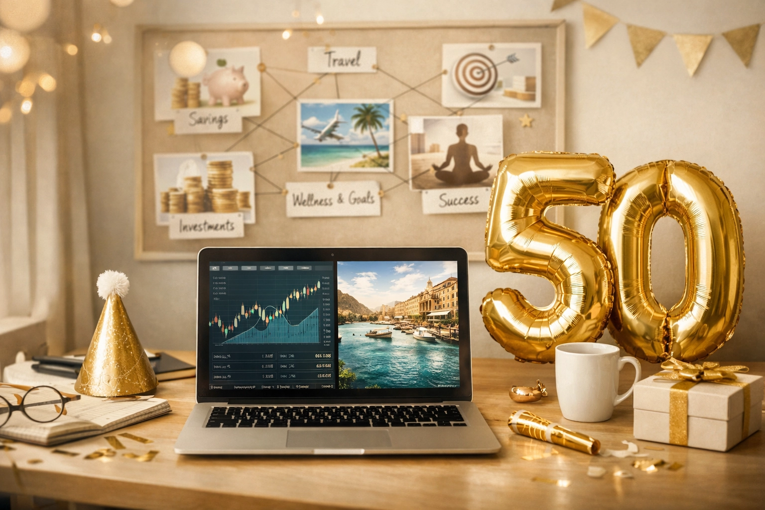 Modern office workspace celebrating 50th birthday with tax and travel planning vision board