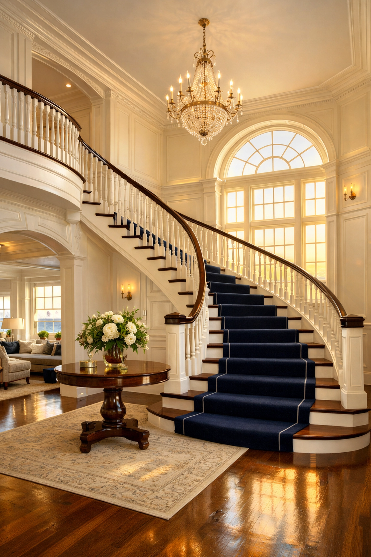 A grand foyer and staircase in a waterfront estate receiving regular professional cleaning services.