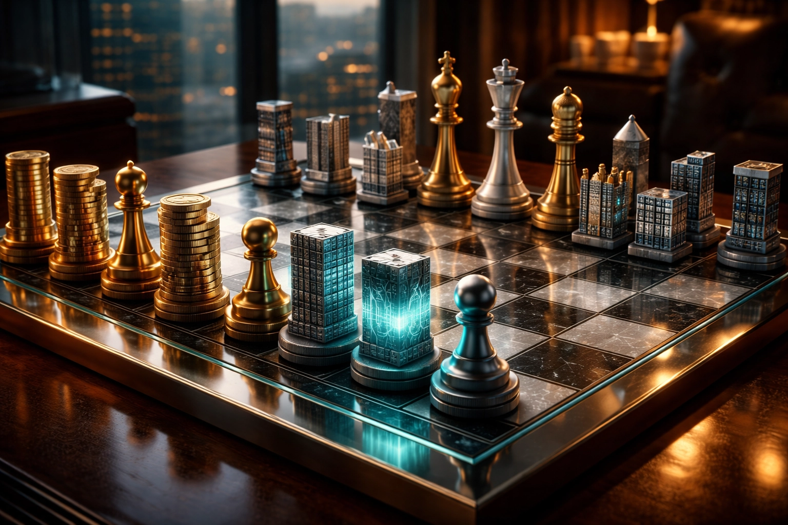 Glass chess board with financial-themed pieces symbolizing portfolio diversification in a modern executive office
