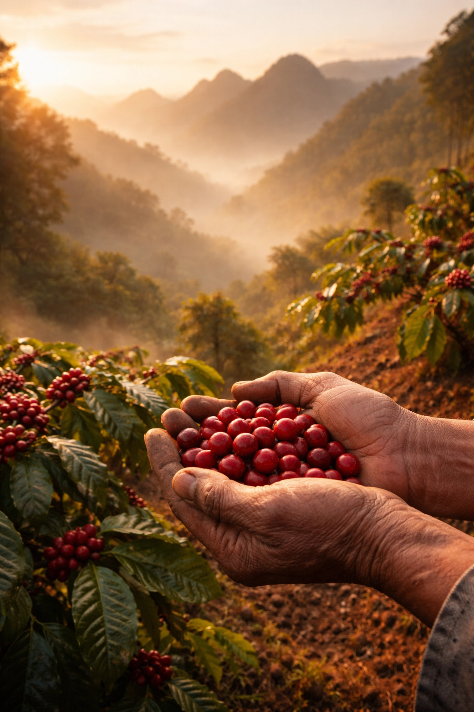 Hands display freshly picked coffee cherries in the Ethiopian highlands, showcasing origins of African Kahawa beans.