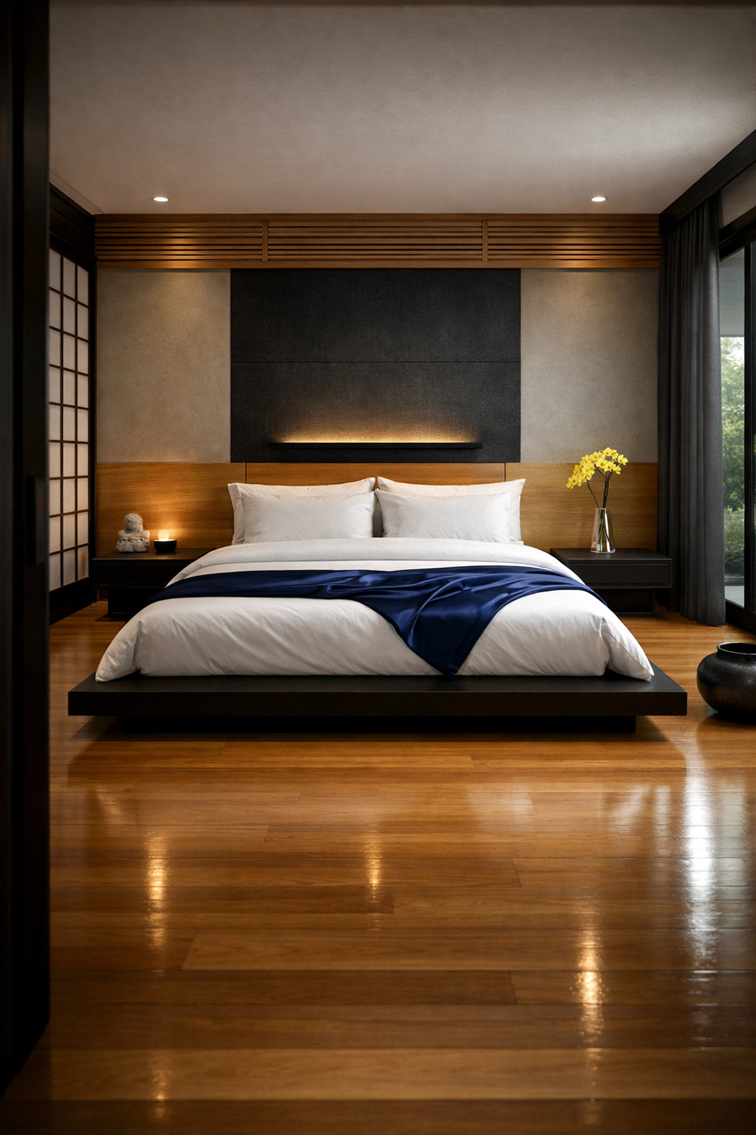 Pristine master bedroom with glowing hardwood floors from luxury house cleaning Wellesley MA.