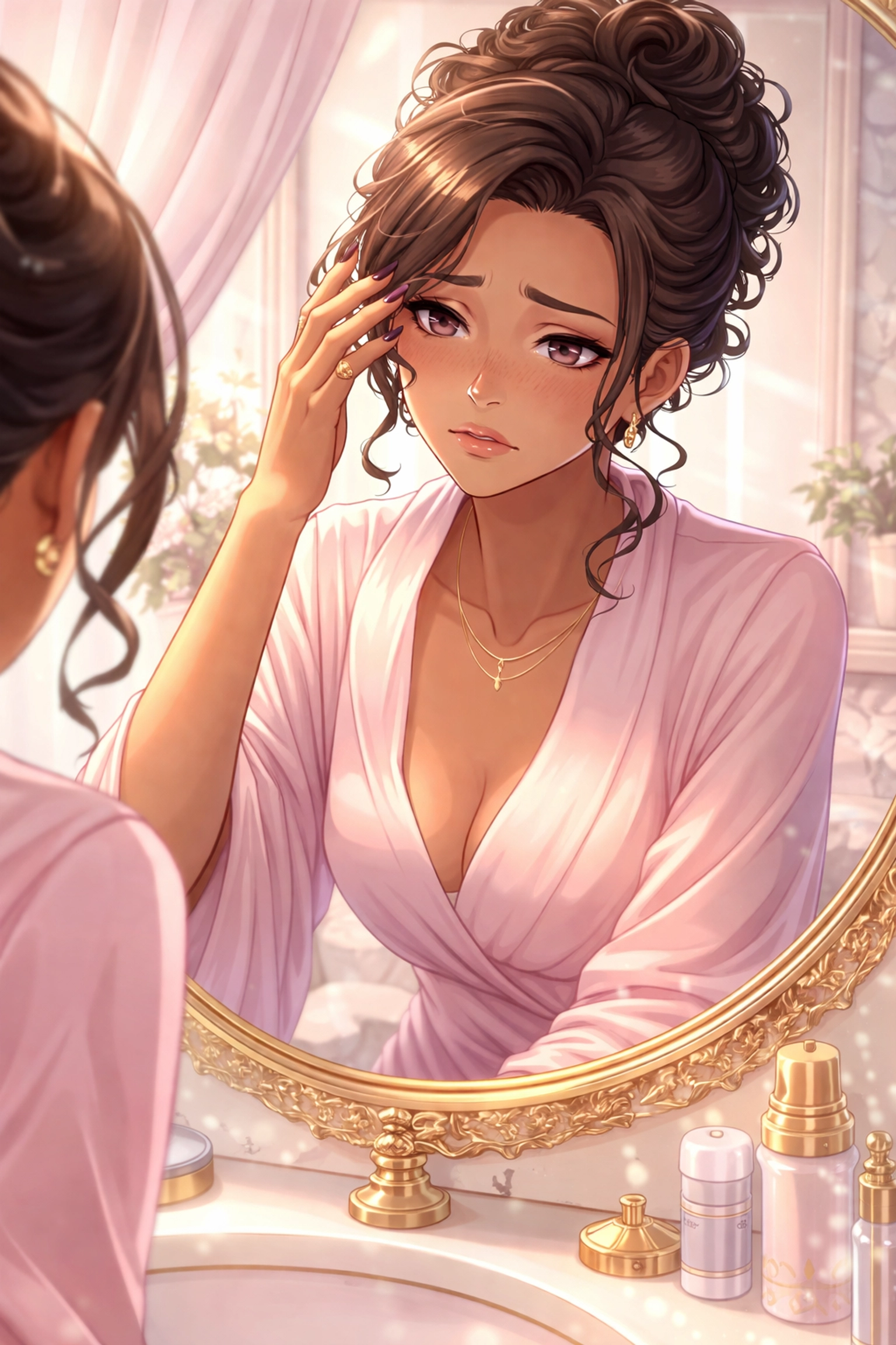 A worried woman examines her eyebrows in a luxurious bathroom mirror, reflecting on the pain of brow trauma and botched PMU.