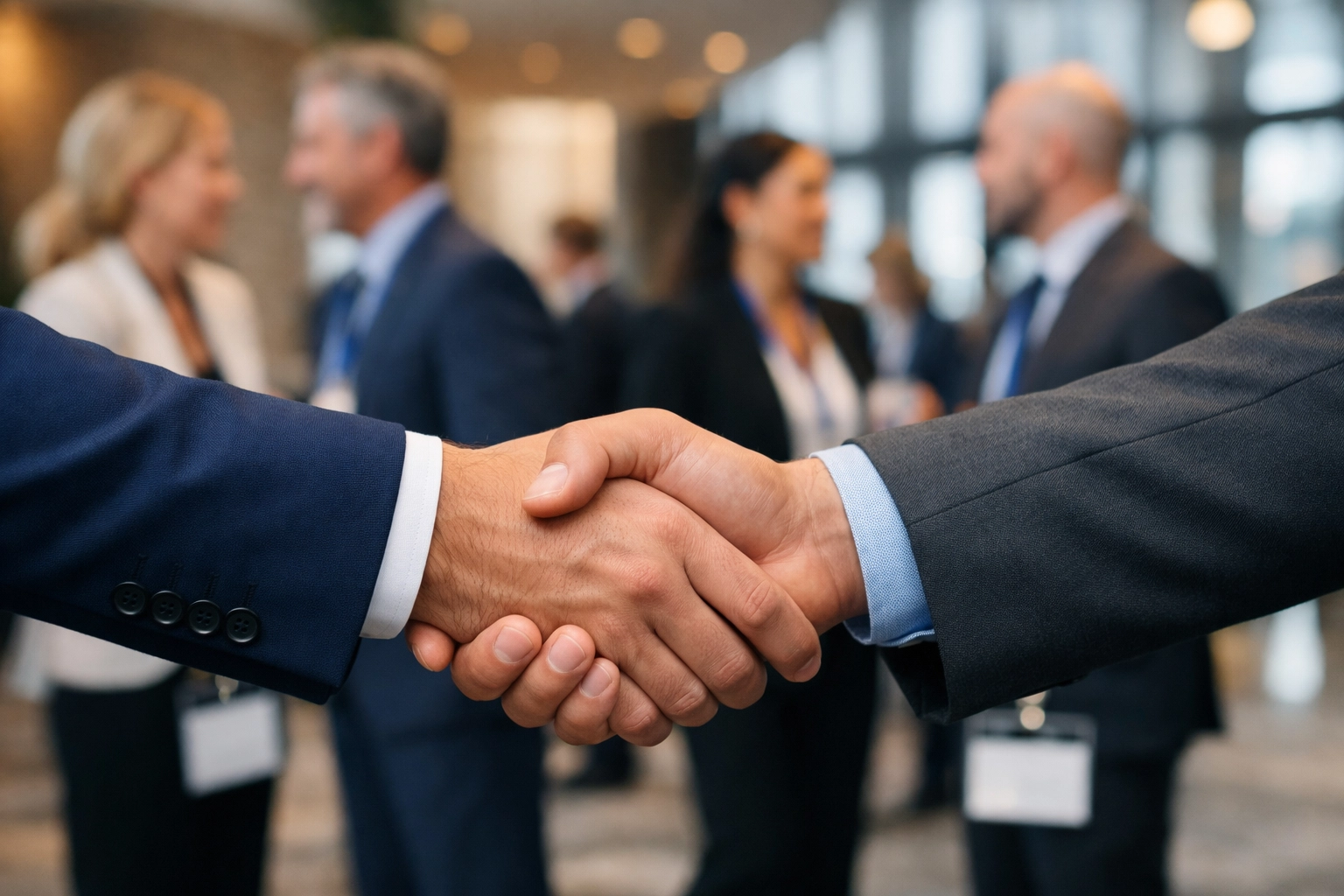 Business handshake between professionals networking at commodity conference in Sandton