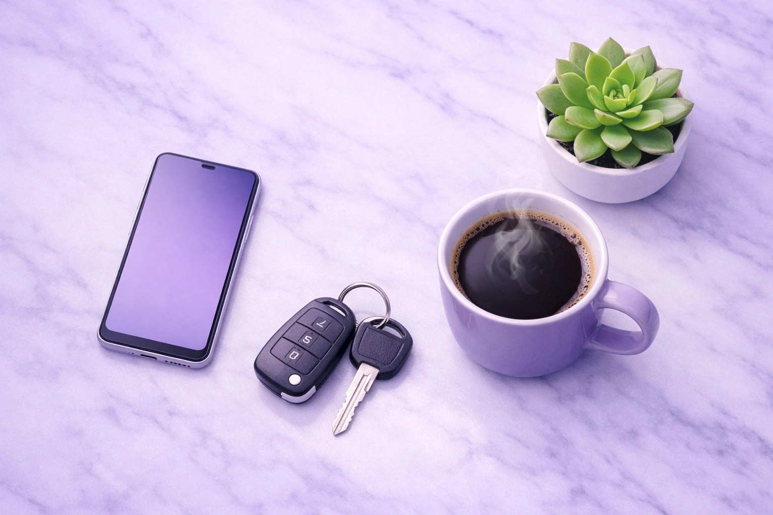 Smartphone and car keys on a table representing a stress-free online cash advance solution.