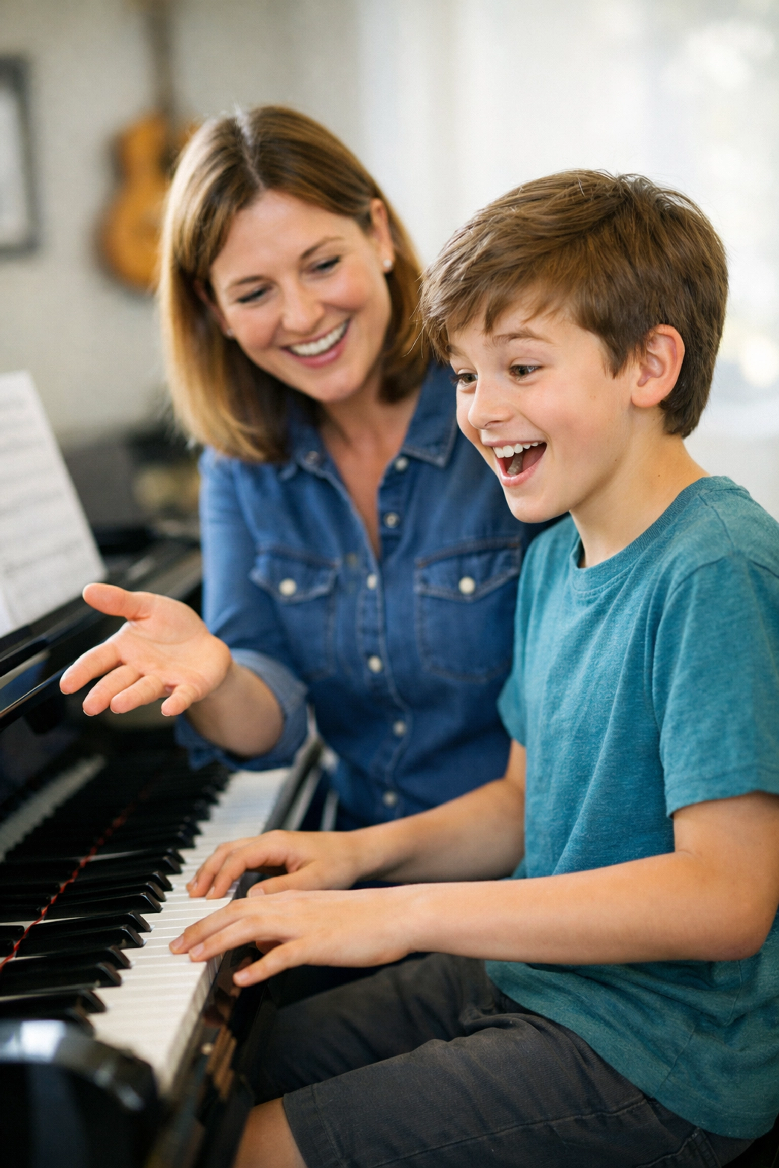 A Tallahassee piano teacher and student sharing a breakthrough moment during an in-person lesson.