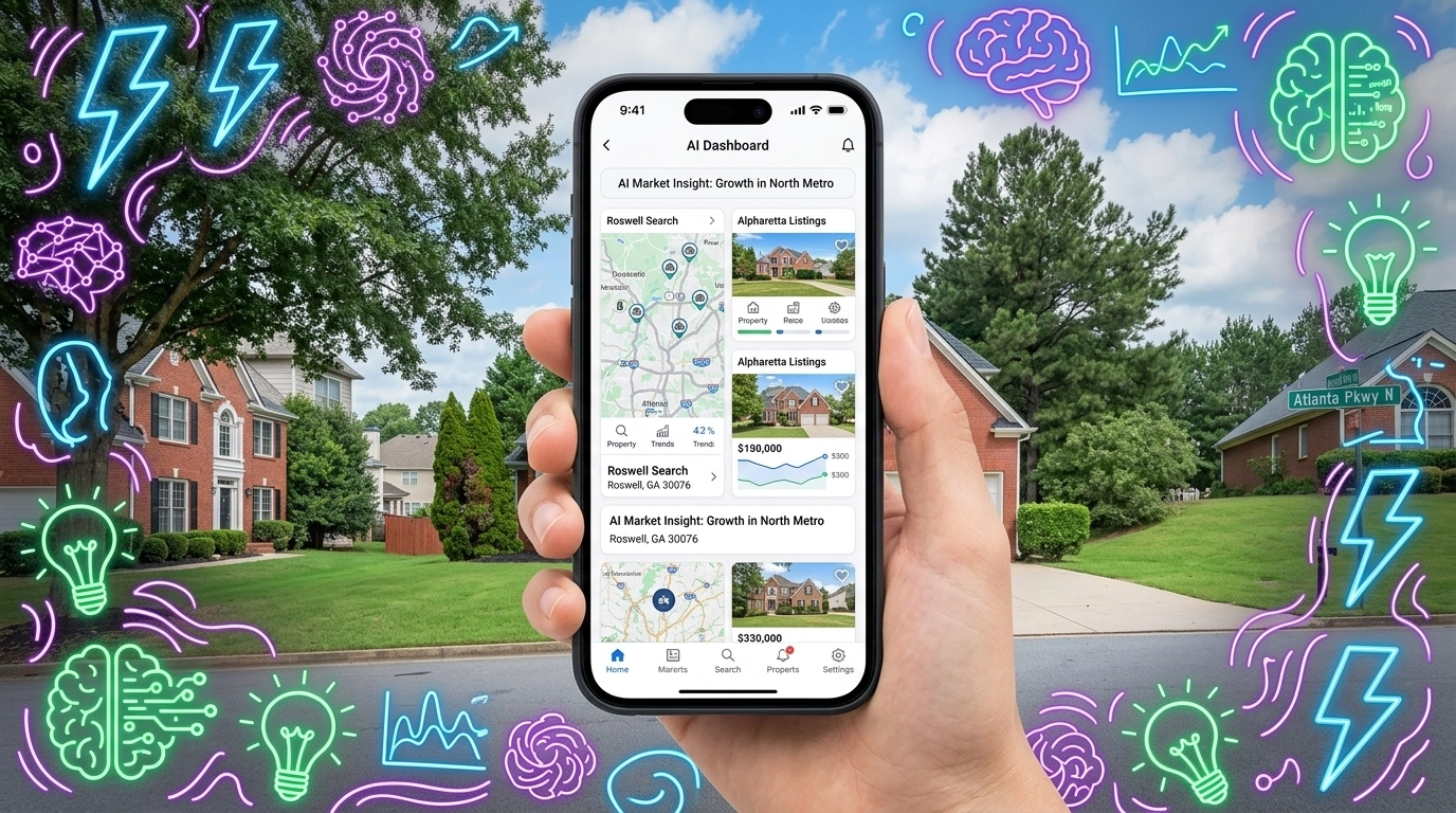 A quiet suburban street in Powder Springs with traditional homes, spring sunlight, and playful illustrated arrows pointing to hidden neighborhood value. A quiet suburban street in Powder Springs with traditional homes, spring sunlight, and playful illustrated arrows pointing to hidden neighborhood value.