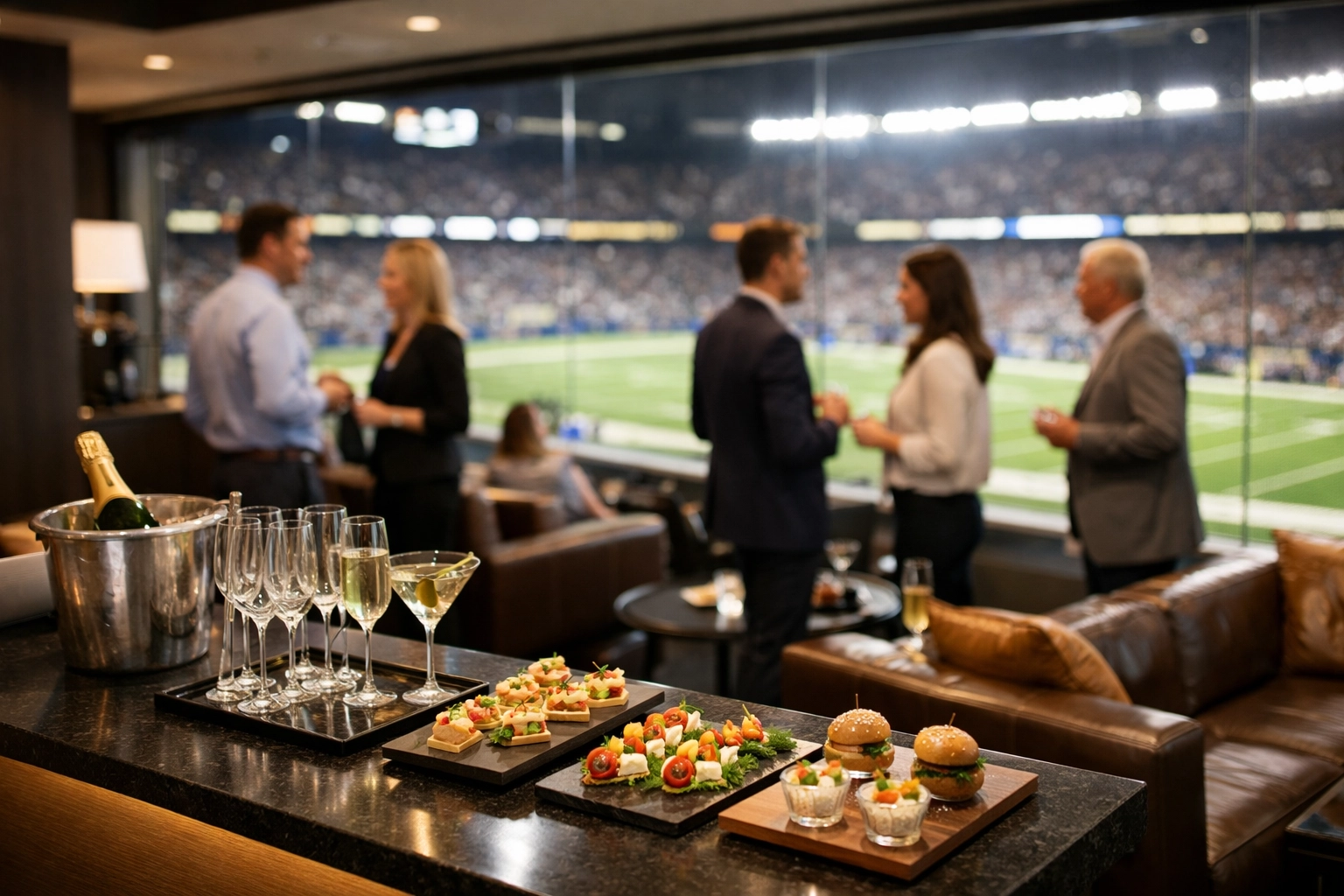 Executives networking in a premium corporate hospitality suite at the Super Bowl stadium.