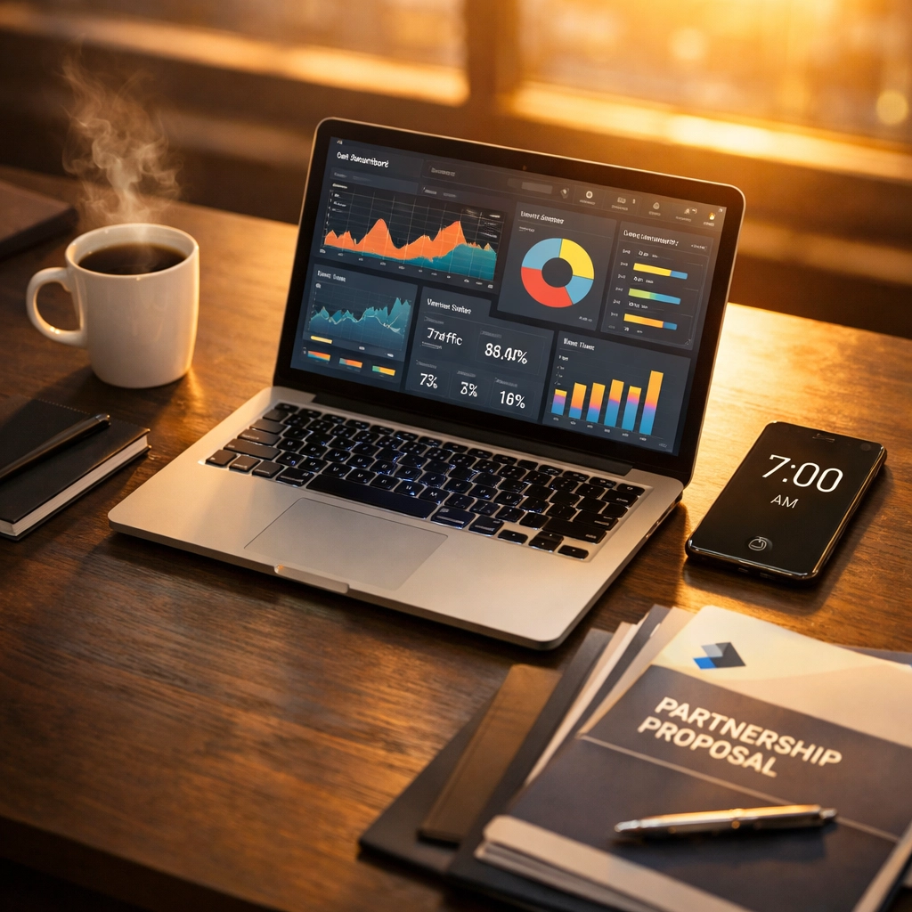 7AM Framework dashboard displaying automated brand partnership data and analytics at dawn