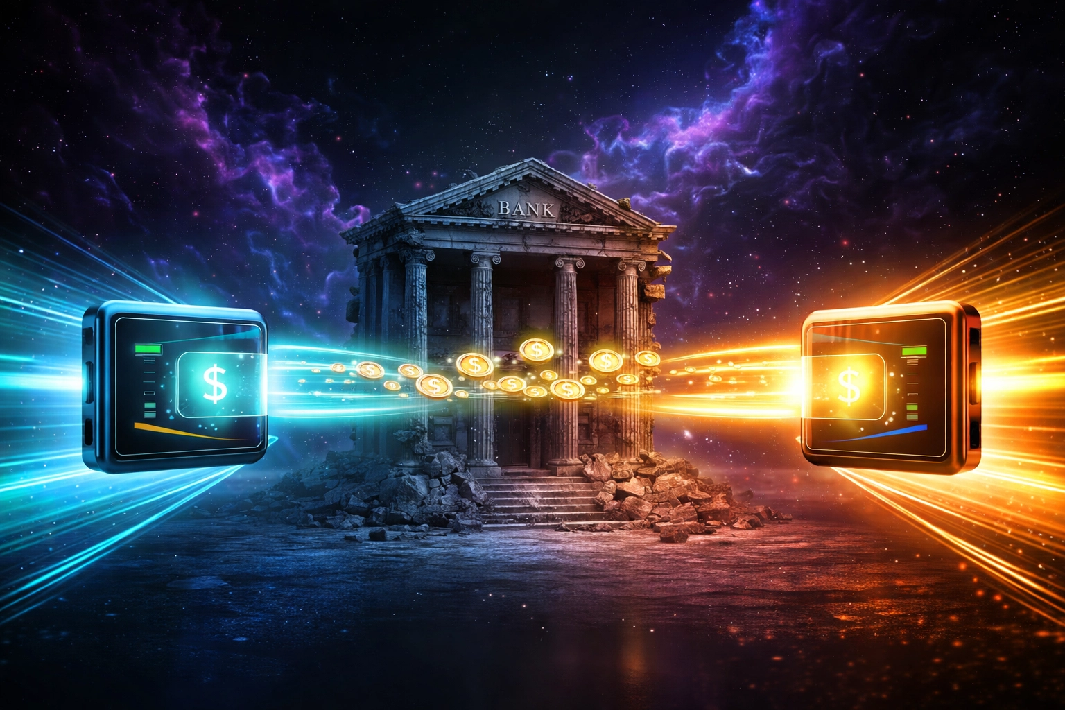 Digital gold coins moving directly between crypto wallets, illustrating peer-to-peer payments and reduced merchant fees in Web3.