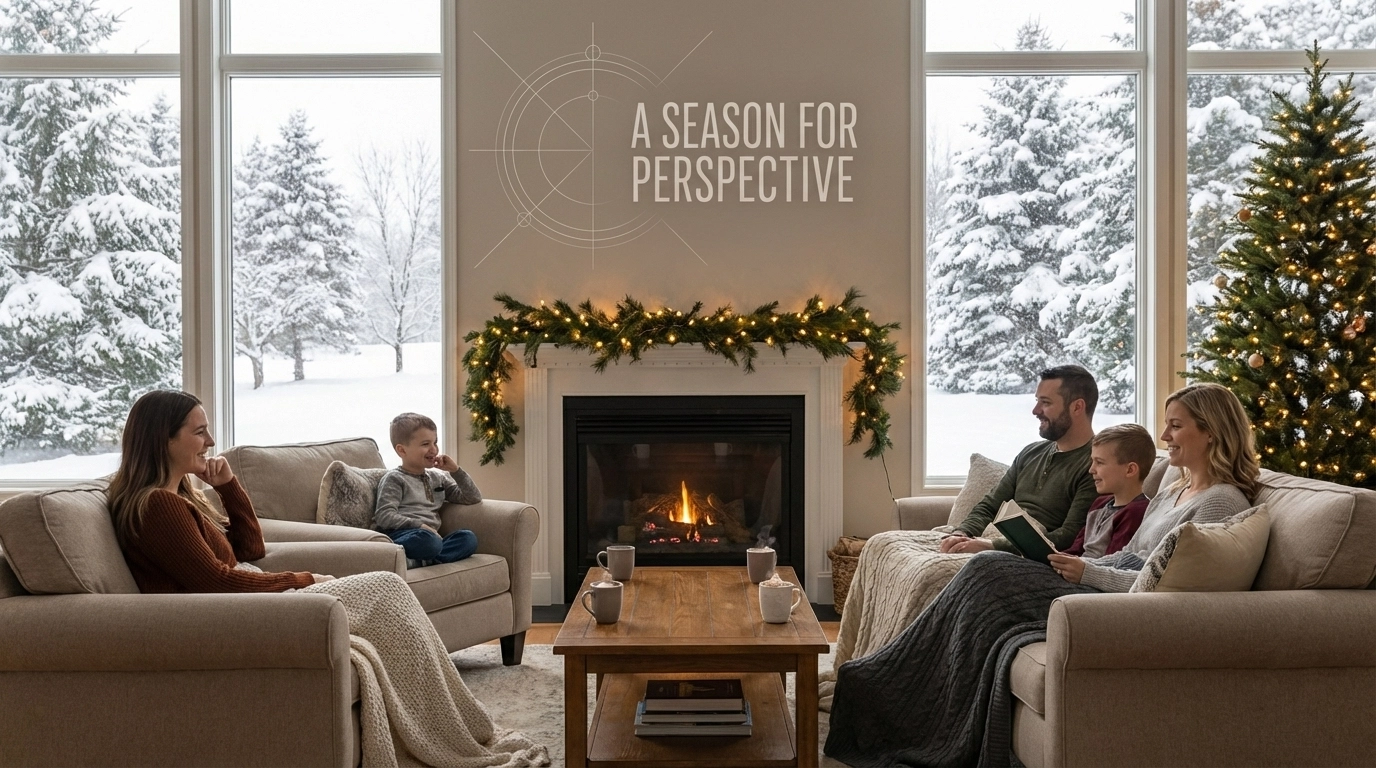 Inviting South Jersey living room with wintery view through the windows, holiday décor, and family relaxing together symbolizing the comfort and meaning of home.