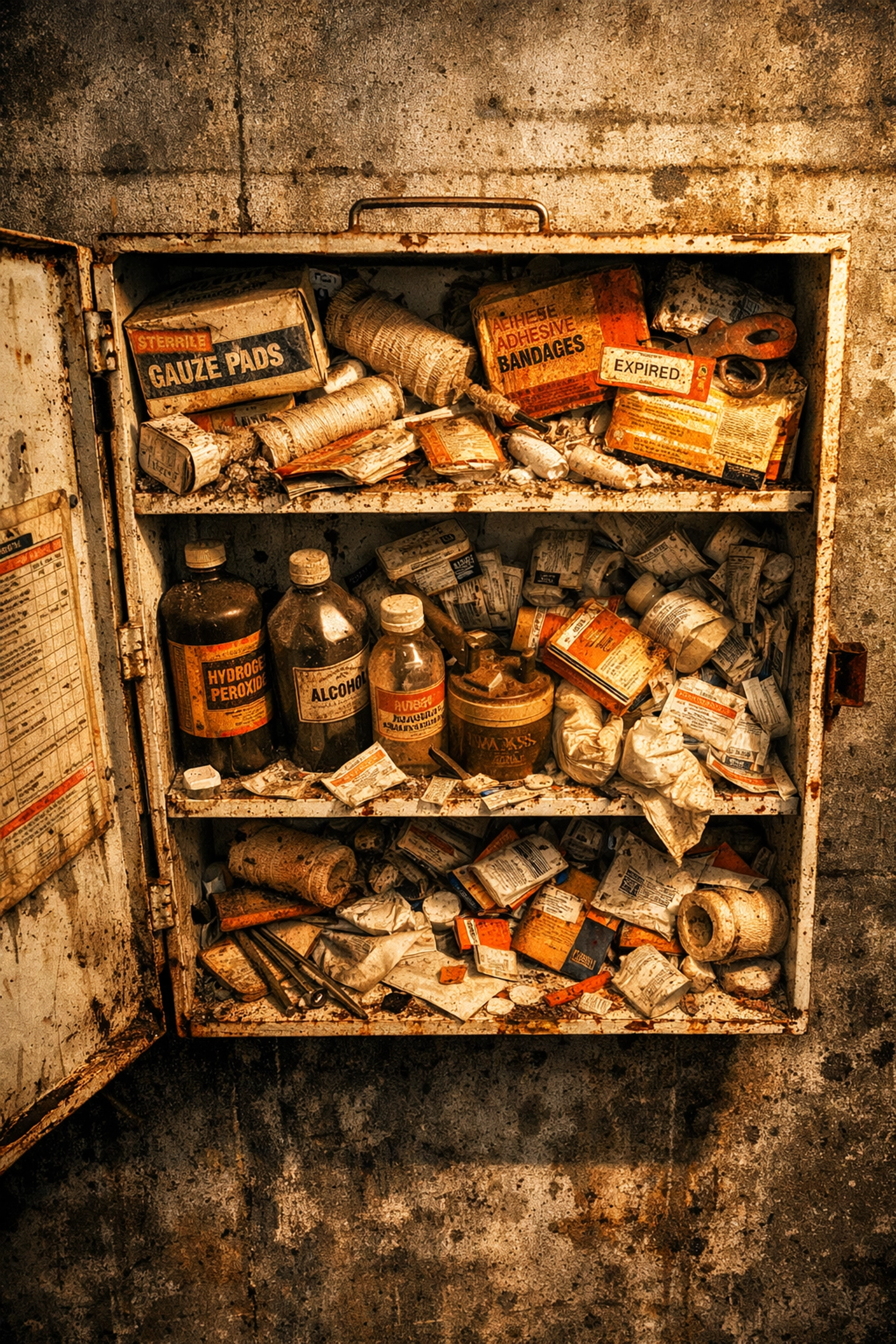 Disorganized first aid cabinet with expired supplies and scattered items in industrial workplace