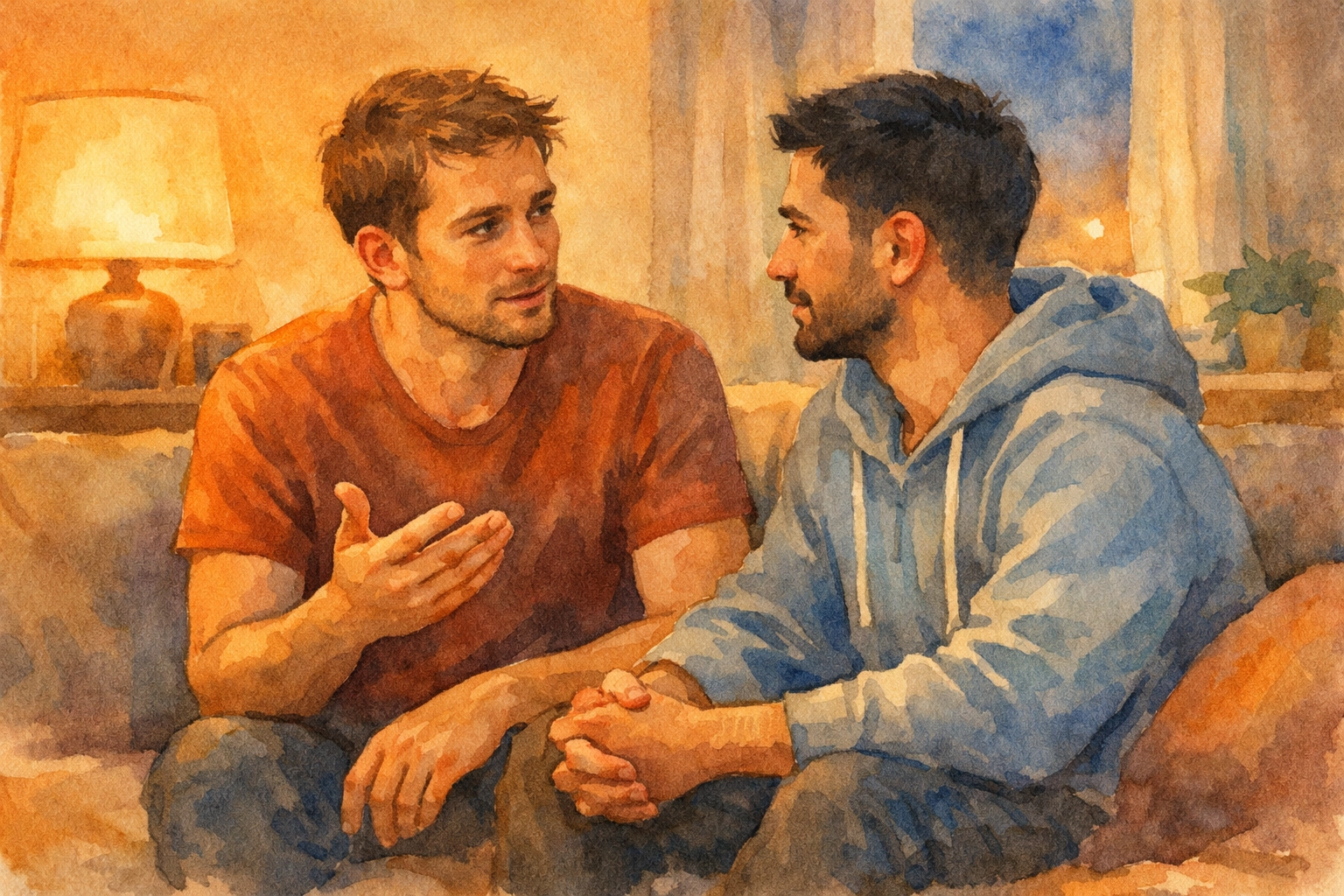 Two gay men having an intimate conversation about ChemSex safety and relationships