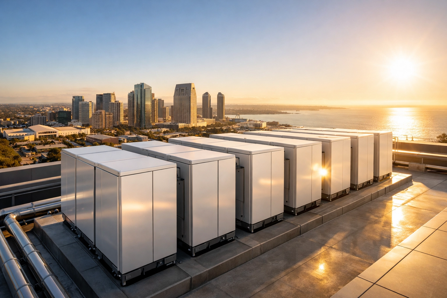 Commercial battery storage infrastructure on a San Diego rooftop to manage SDG&E demand charges and boost NOI.