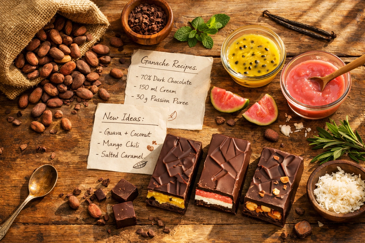 Craft chocolate maker's workbench with cacao beans, fruit purees, and artisan chocolate bars