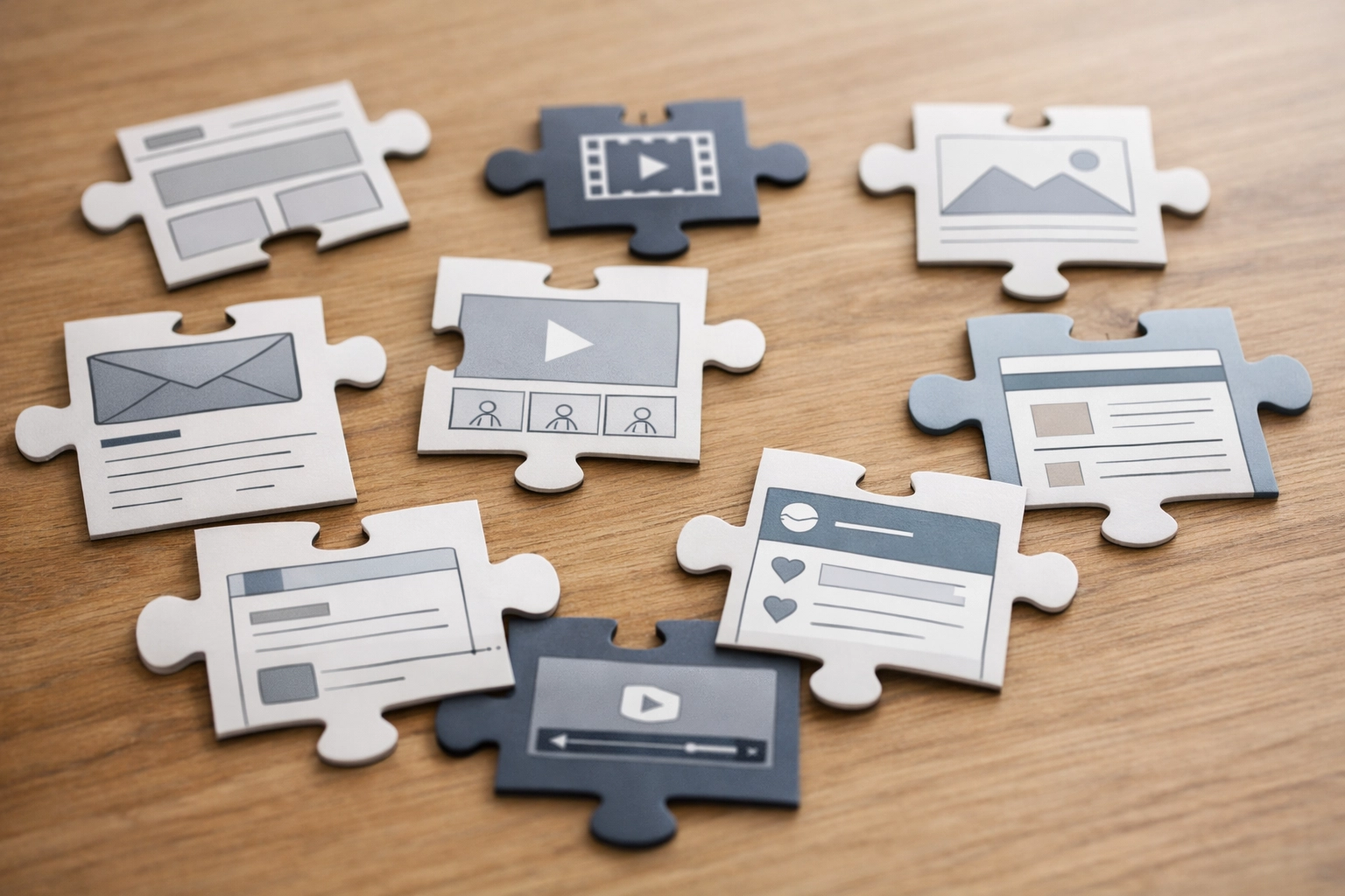 Scattered marketing materials showing disconnected website, video, and social media assets