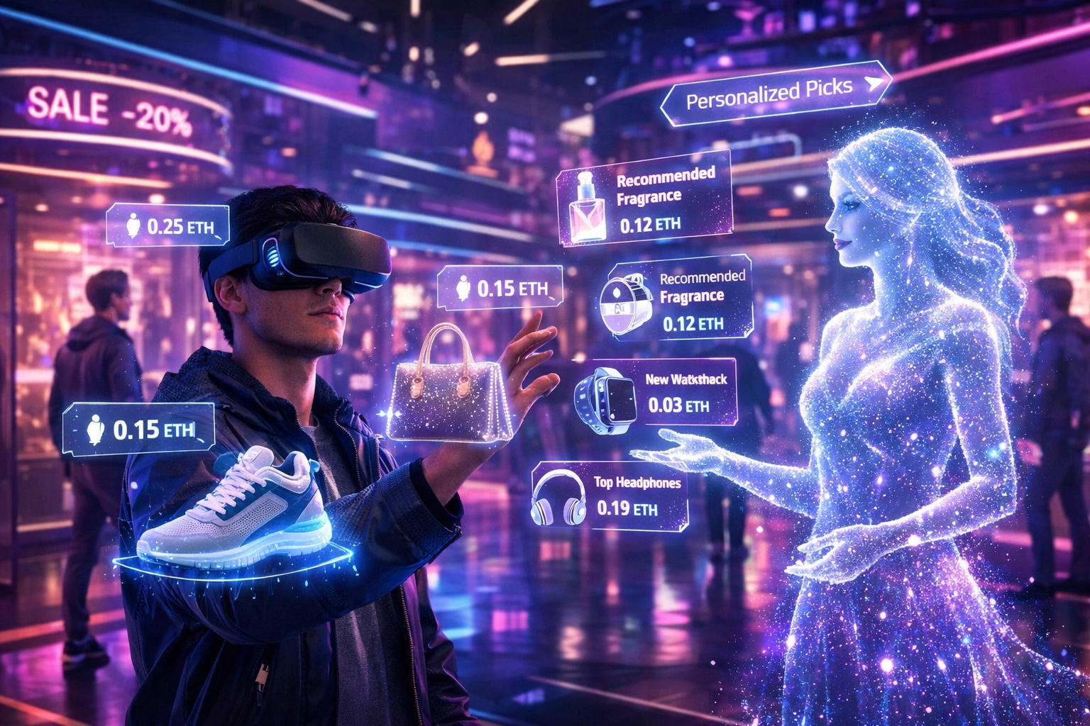 Shopper using VR in AI-powered metaverse mall with cryptocurrency payment options