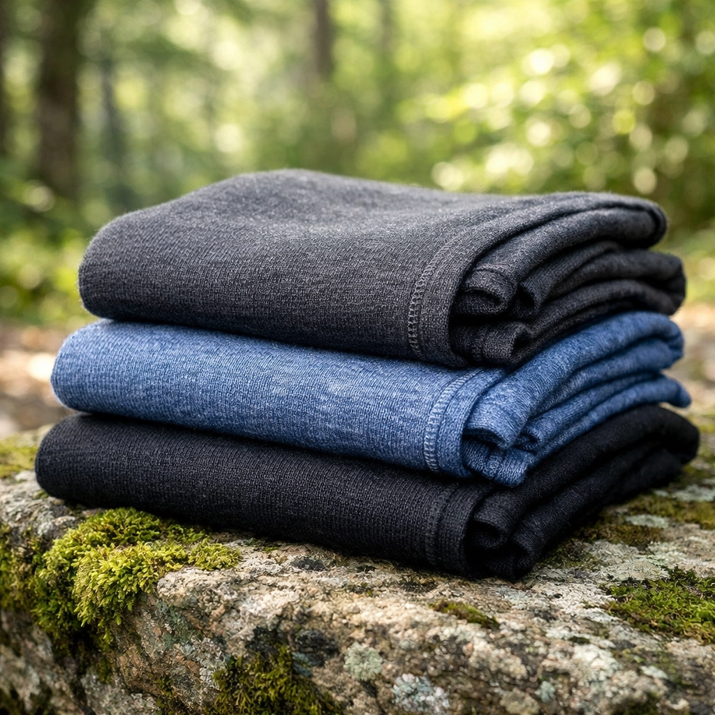 Merino wool thermal base layers on a mossy rock in a sunny forest for outdoor survival and warmth.