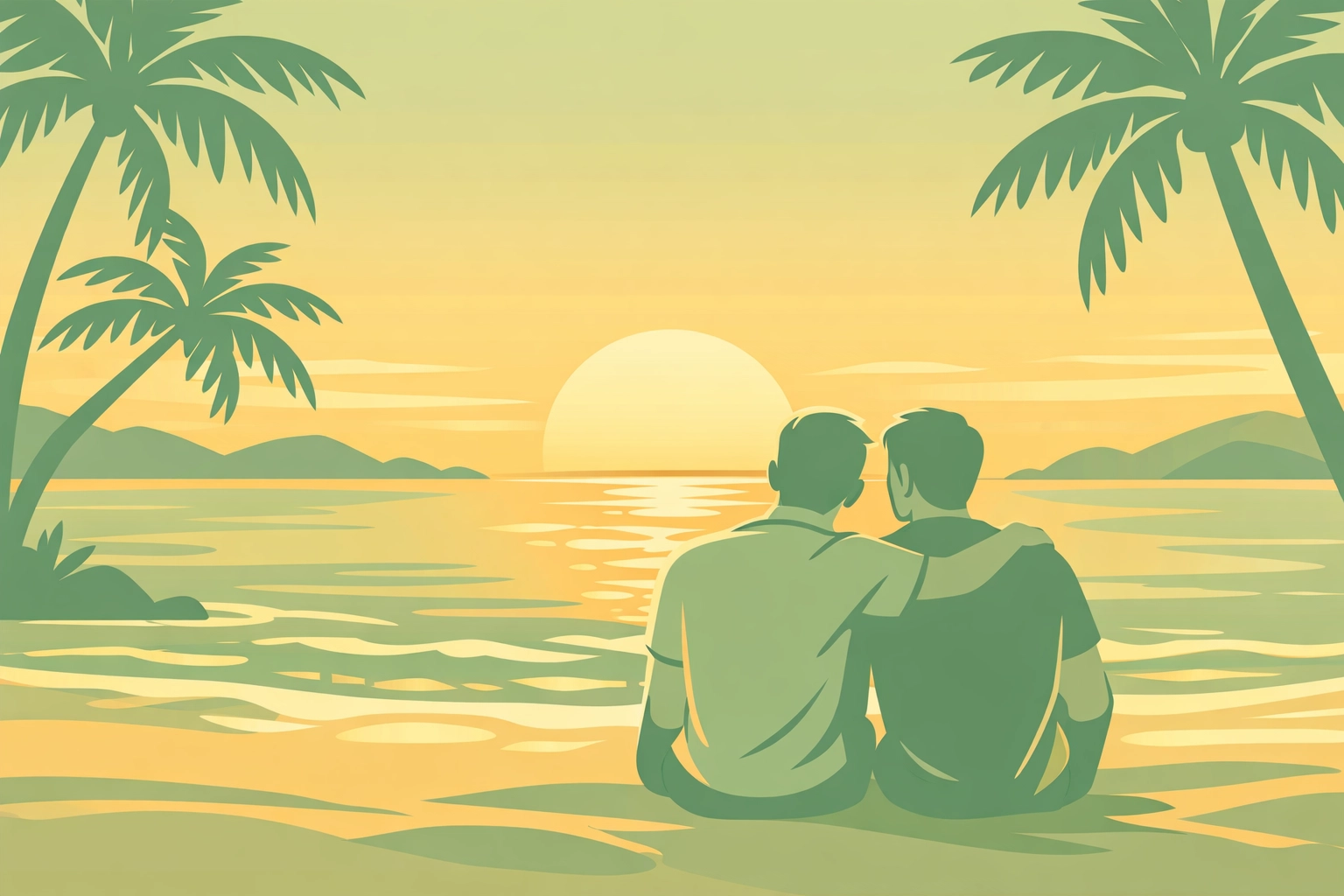 LGBTQ+ couple watching romantic sunset on Phuket beach during golden hour with palm tree silhouettes