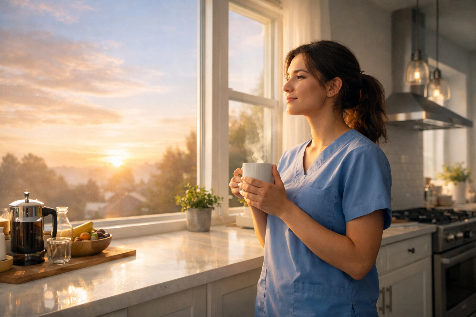 A healthcare worker finds peace and spiritual strength in her kitchen before a long work shift.