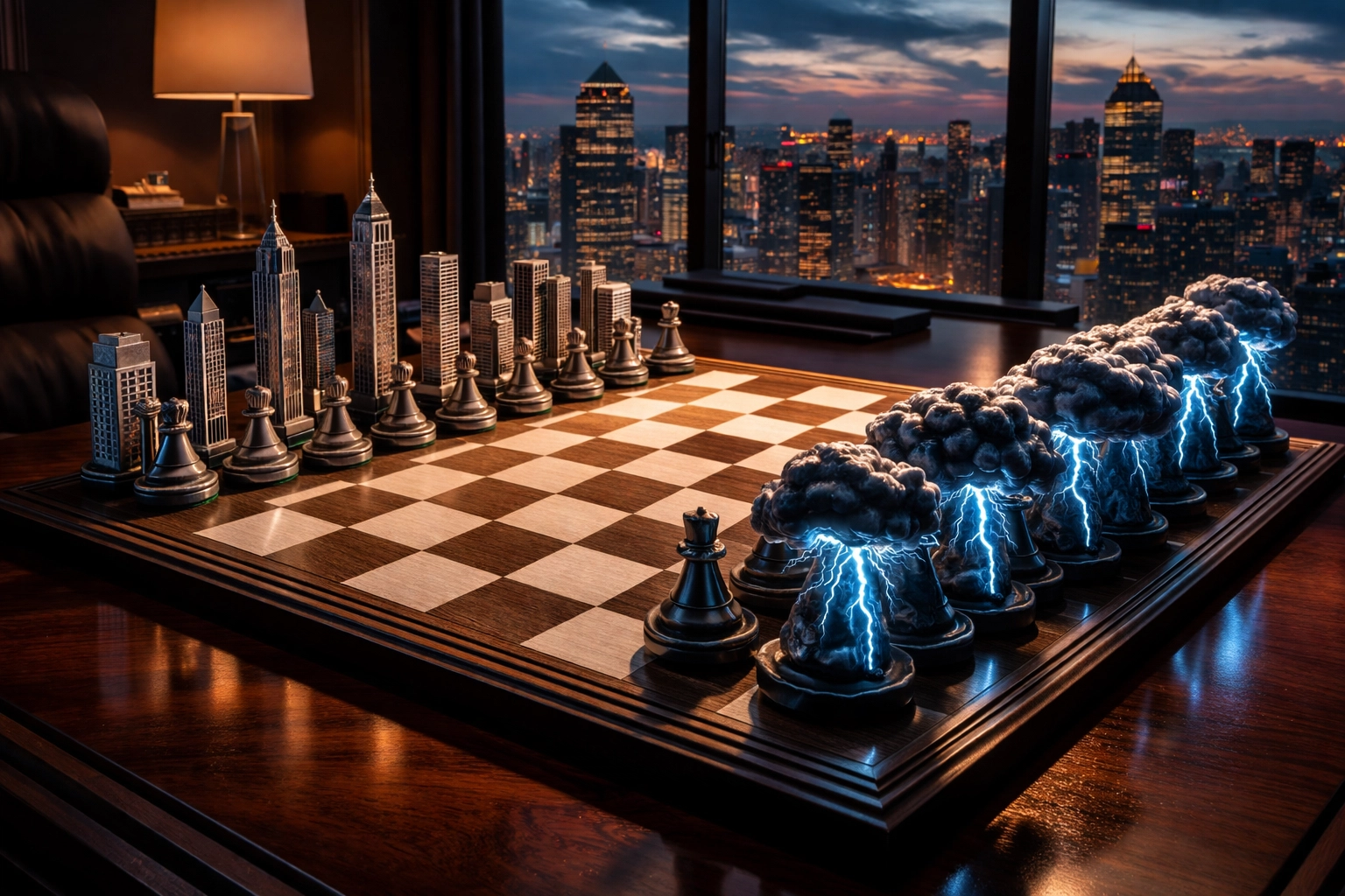 Chess board with skyscrapers and storm clouds symbolizing strategic hedge fund defenses during market crises.