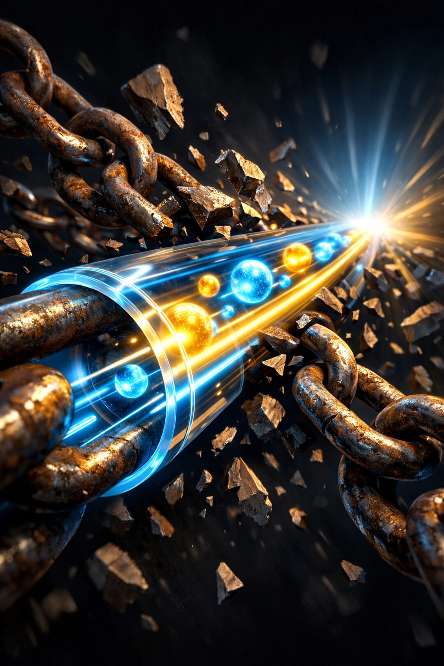 Digital energy conduit breaking iron chains to illustrate lower crypto merchant fees and direct blockchain payments.