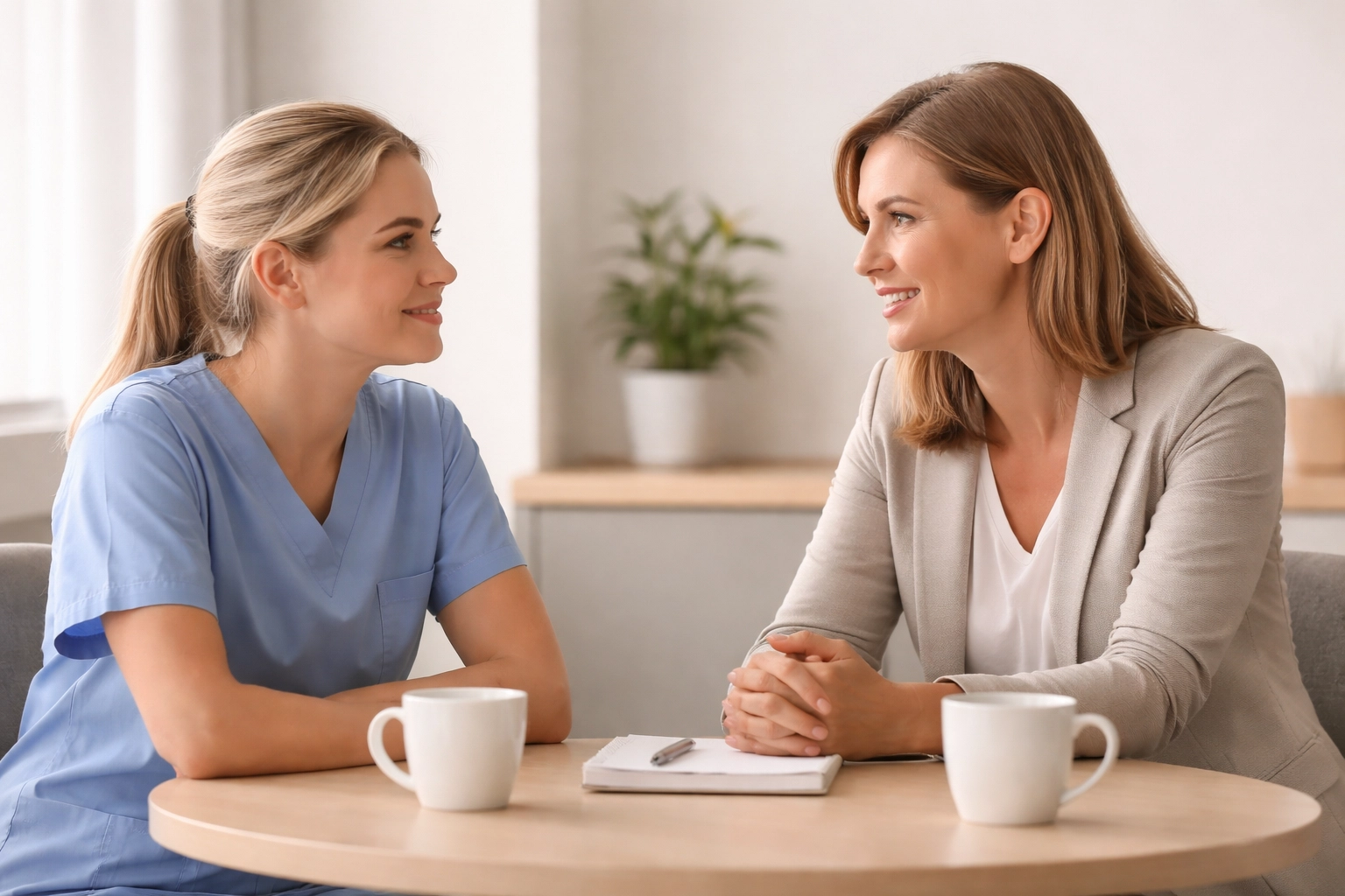 Practice manager and dental nurse in conversation, showing supportive dental nurse retention and pay discussions.