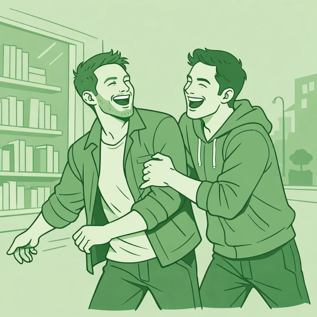 A happy gay couple laughing near a shop, celebrating the joy of living an authentic life and finding love.