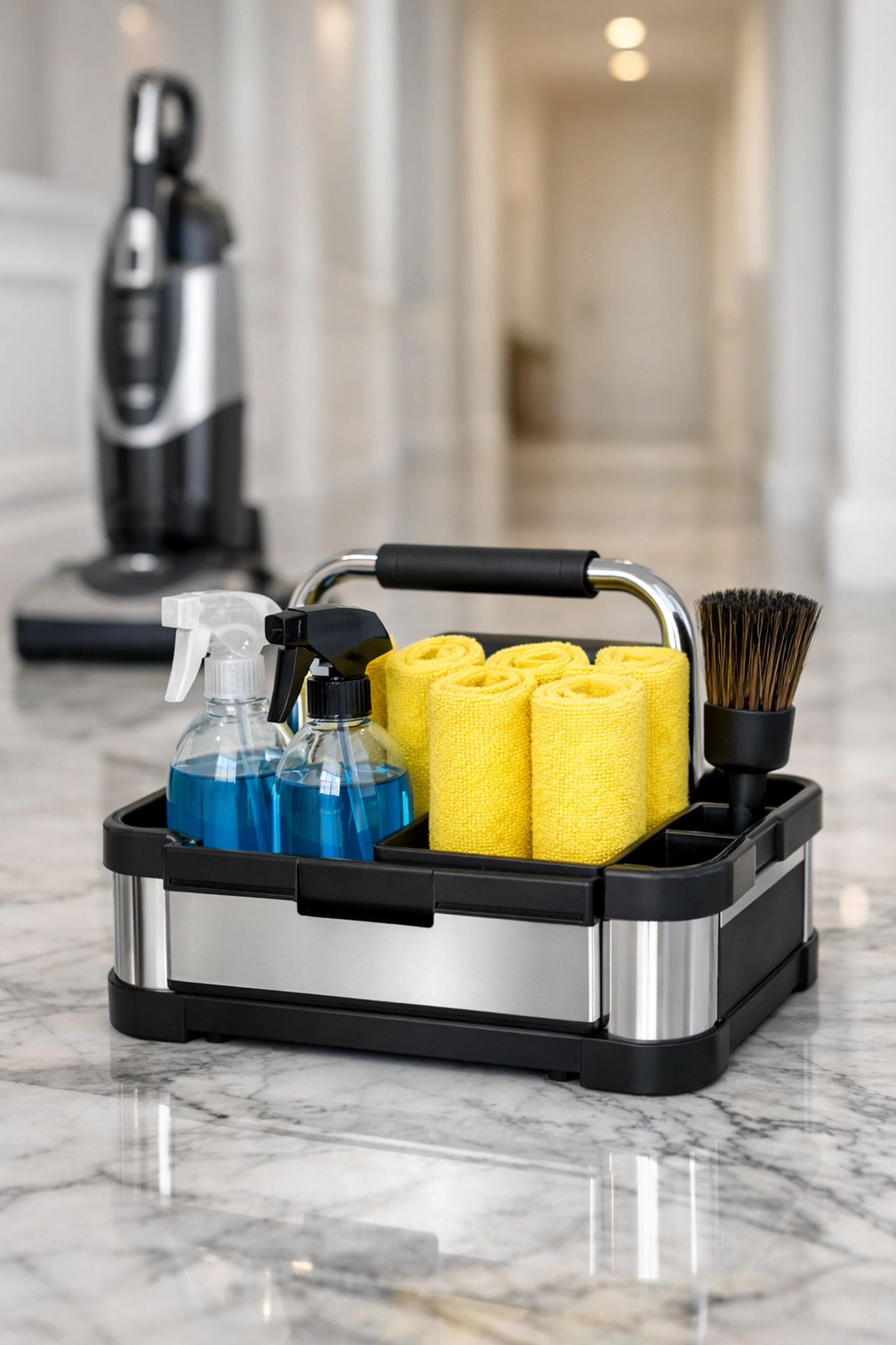 Professional cleaning supplies and equipment ready for a comprehensive deep cleaning MA session.